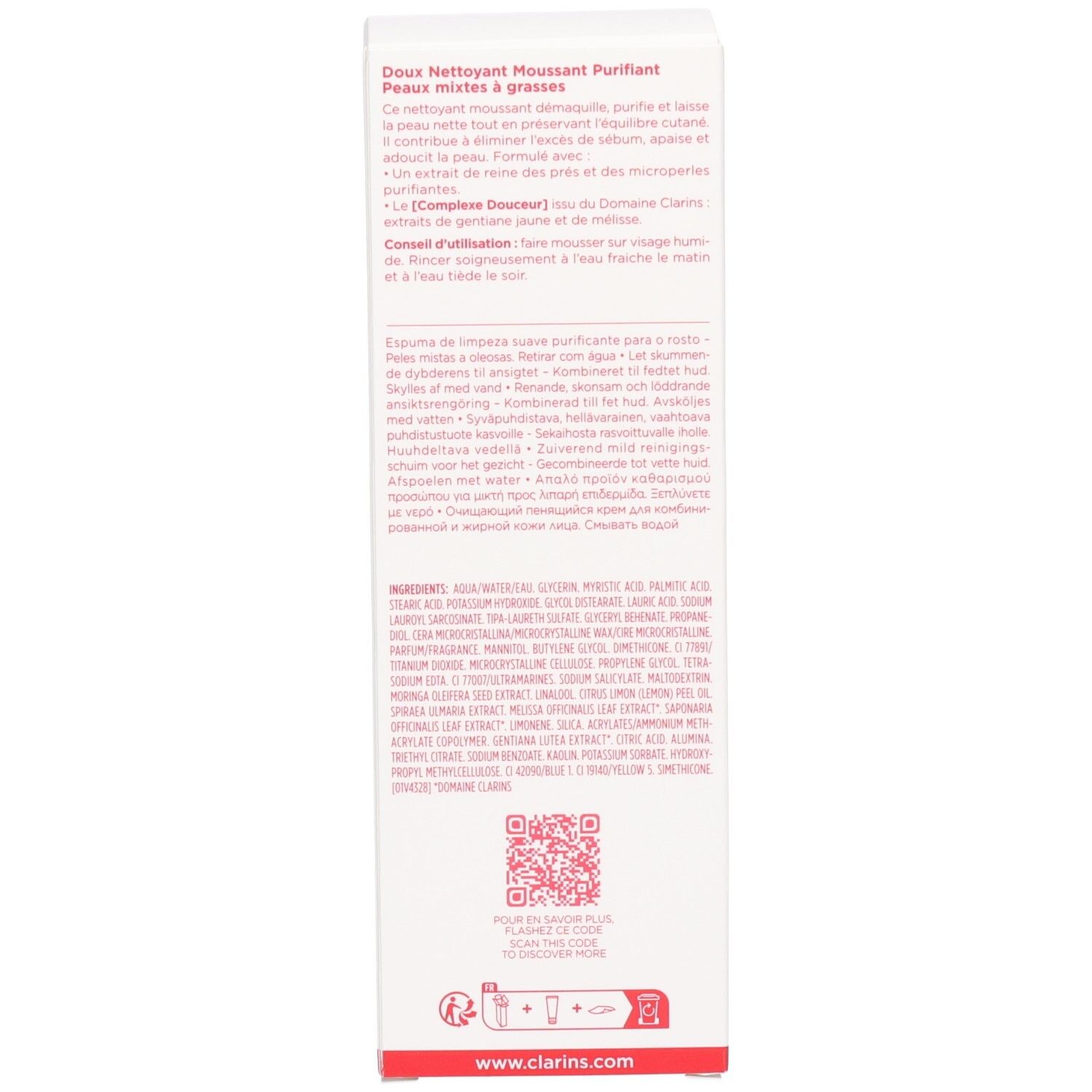 Rückseite der Clarins Reiniger-Verpackung mit Inhaltsstoffen, QR-Code und Website-Informationen.