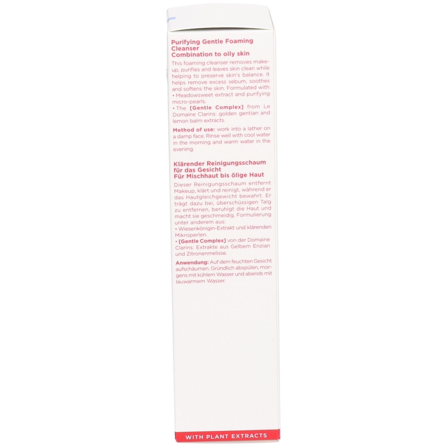 Seite der Clarins Reiniger-Verpackung mit Anwendungsanleitung und Produktinformationen auf Deutsch und Englisch.