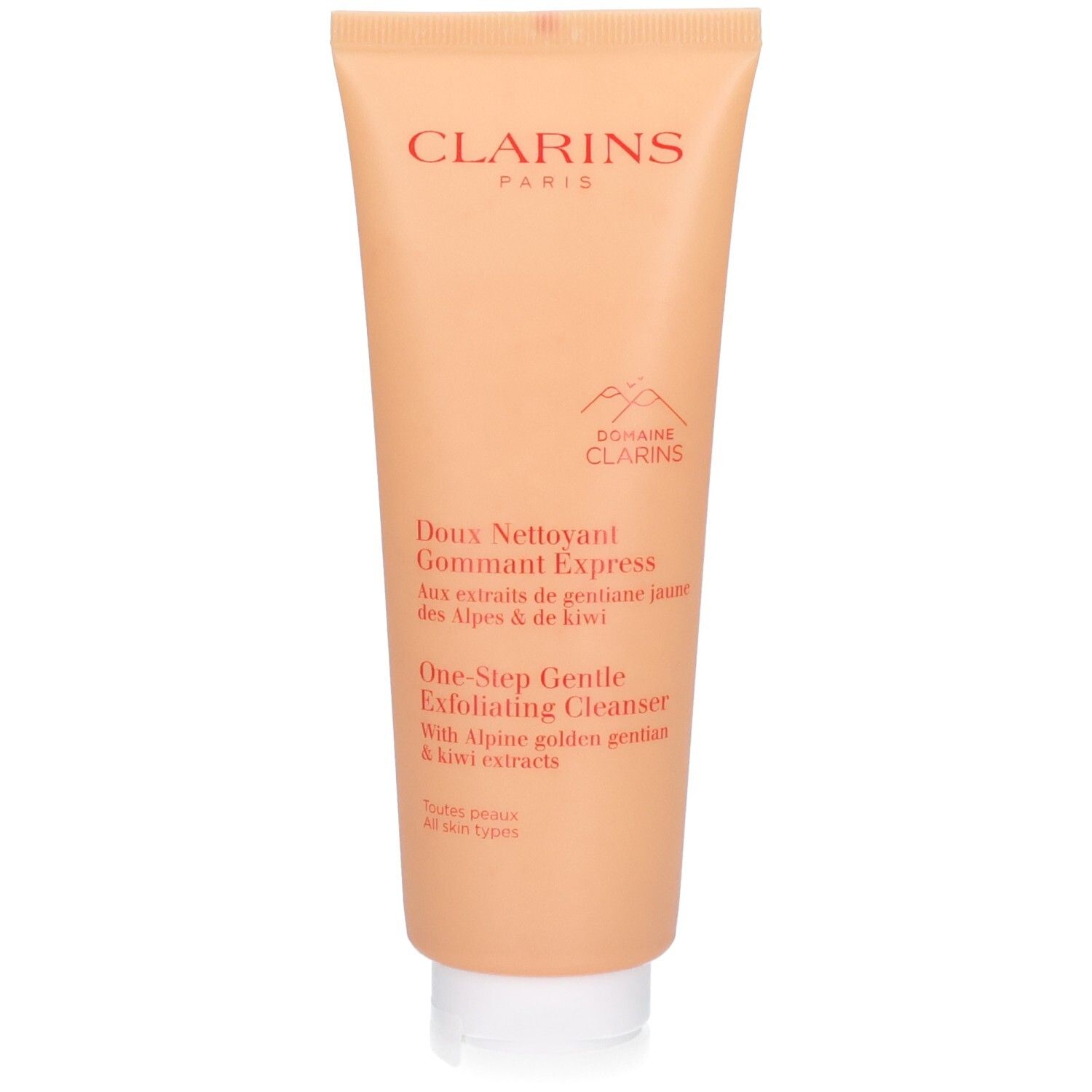 Clarins Doux Nettoyant Gommant Express Tube mit Bergmotiv und Produktinformationen.