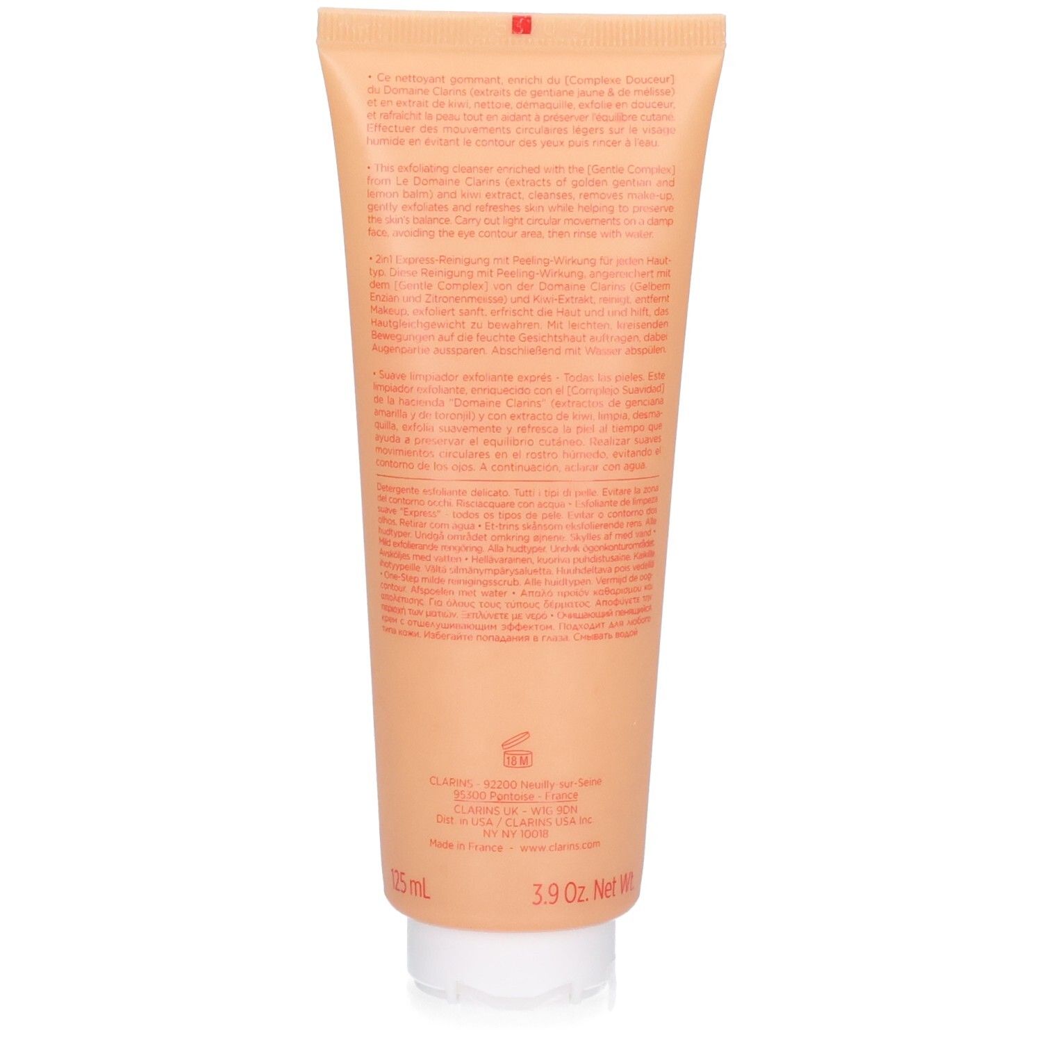 Rückseite der Clarins Doux Nettoyant Gommant Express Tube mit detaillierten Produktinformationen.