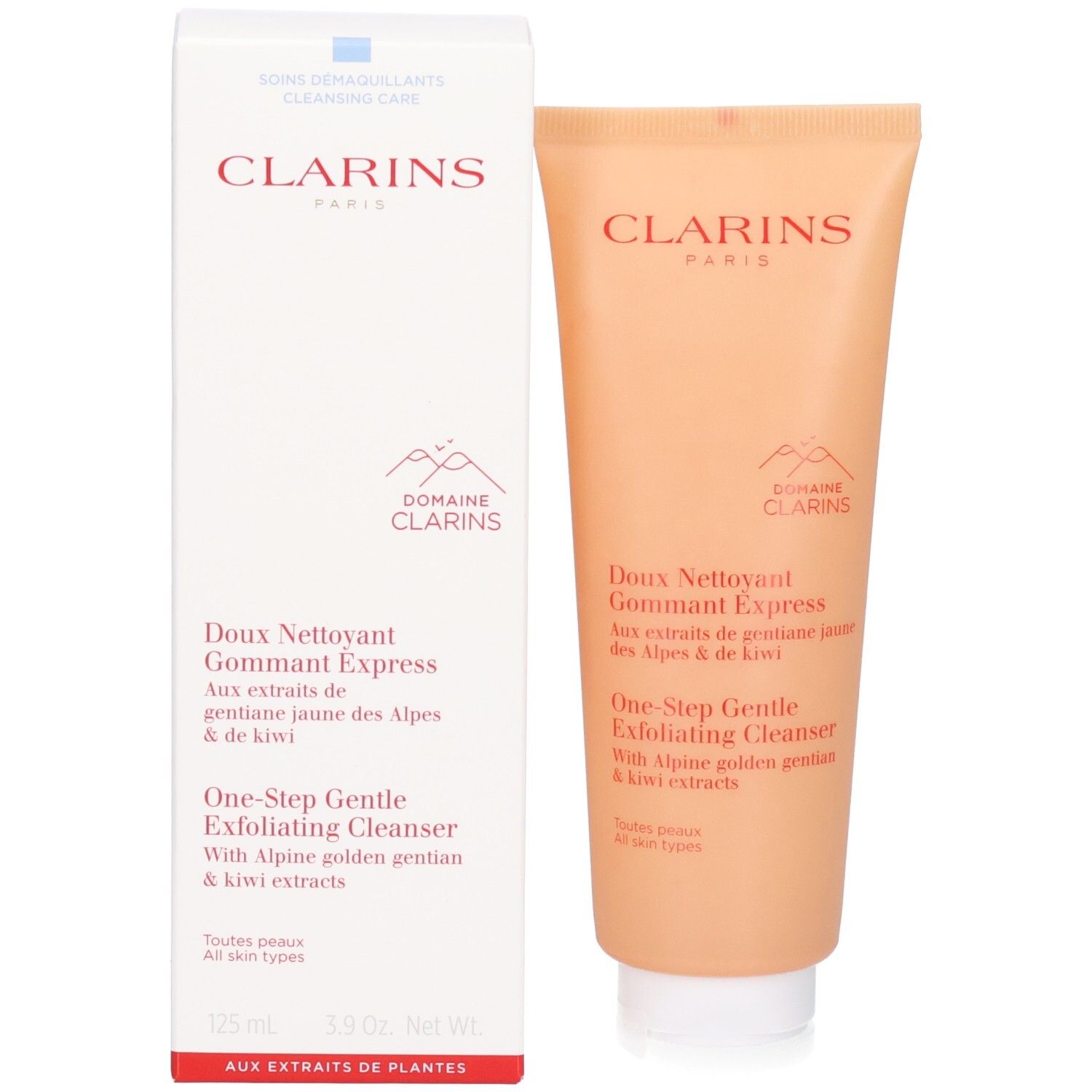 Clarins Doux Nettoyant Gommant Express Tube und Verpackung mit Produkt- und Markendetails.