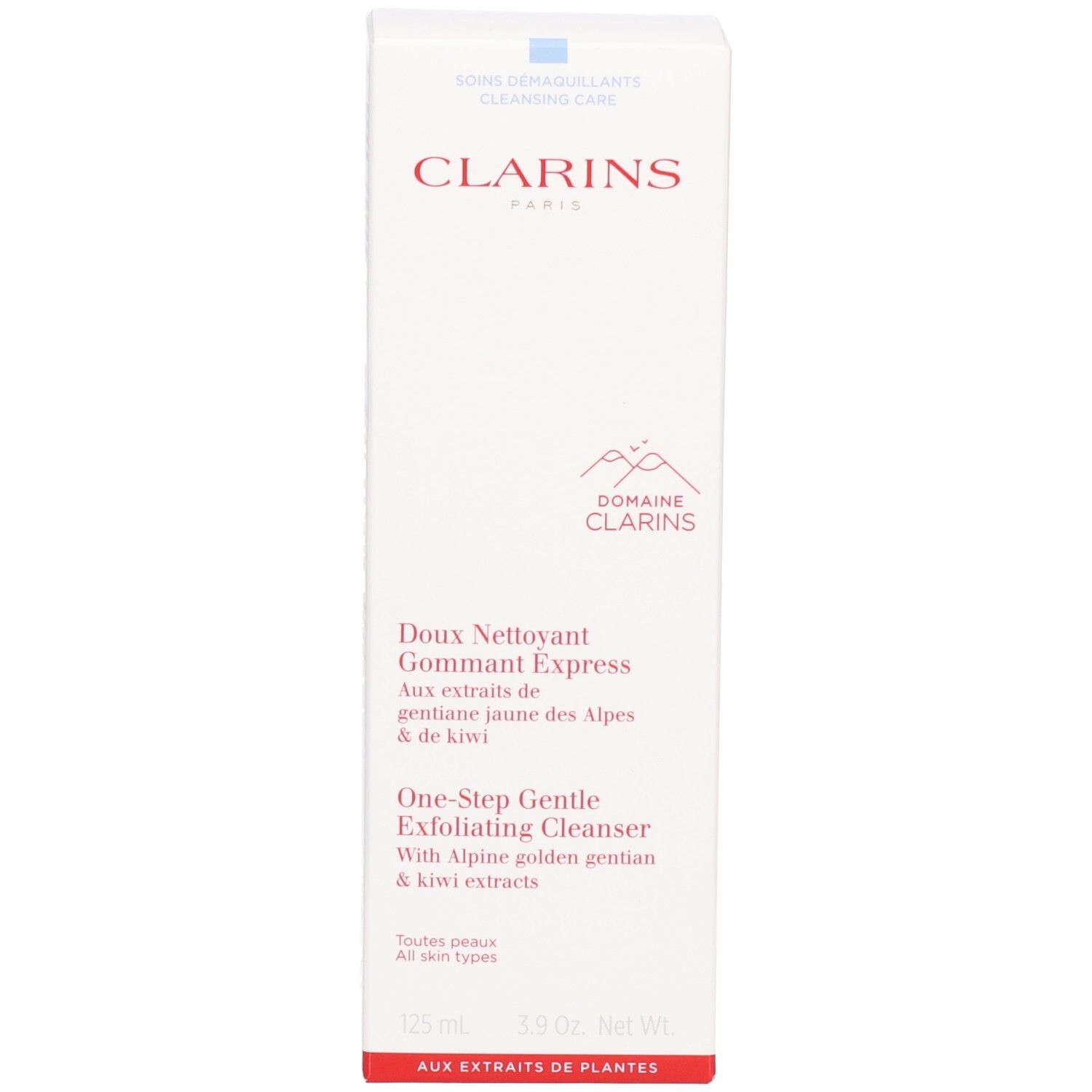 Verpackung Clarins Doux Nettoyant Gommant Express mit Produktnamen und Anwendungsdetails.