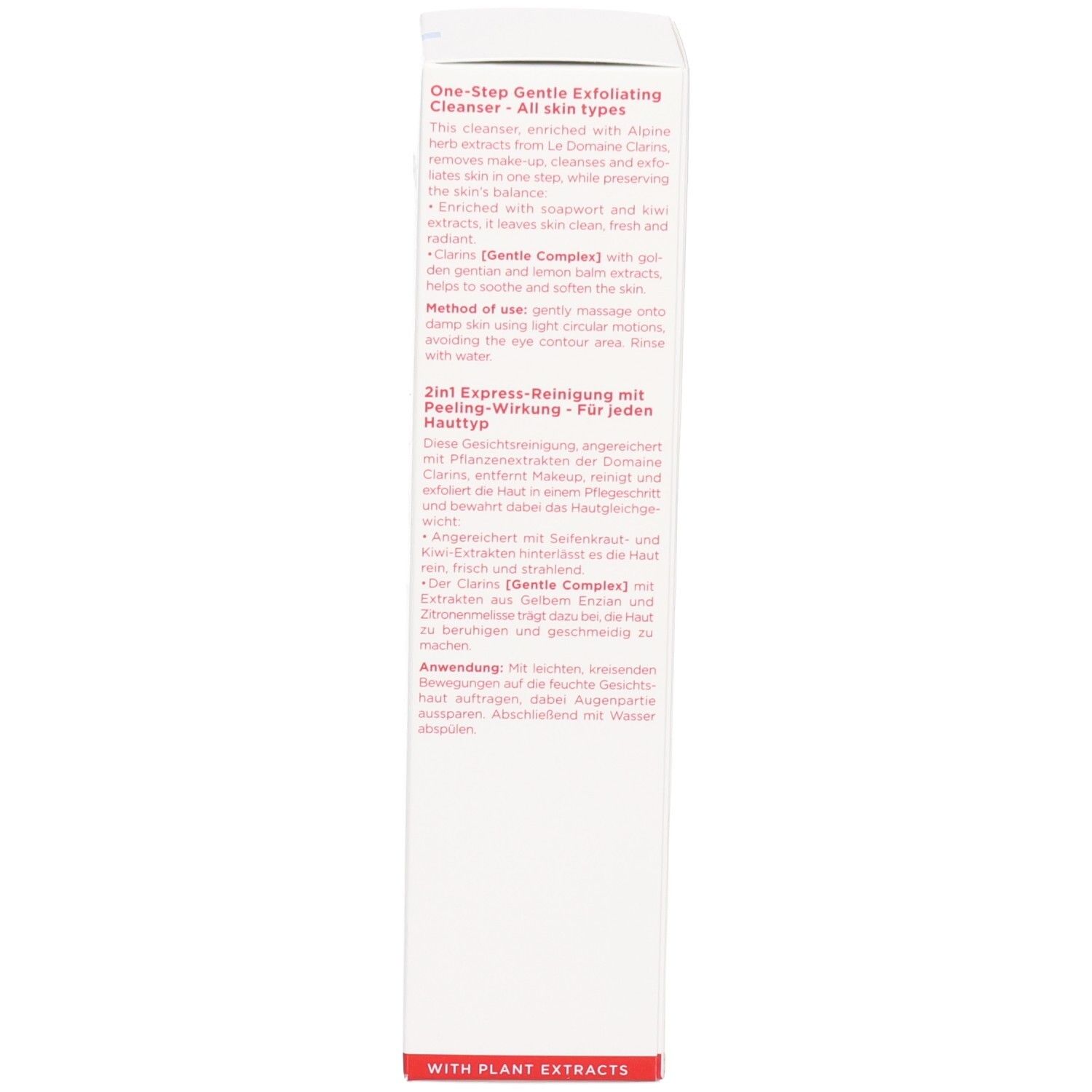 Seite der Clarins Doux Nettoyant Gommant Express Verpackung mit Produktbeschreibung und Anwendung.