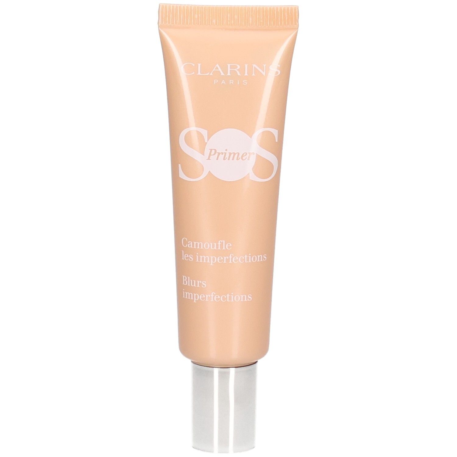 Clarins SOS Primer Peach: Pfirsichfarbene Tube mit silbernem Verschluss.