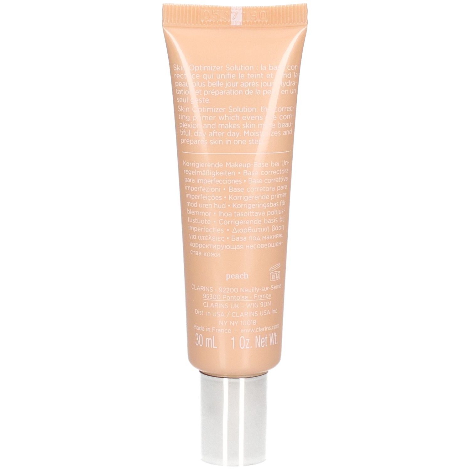 Clarins SOS Primer Peach: Rückseite der Tube mit Produktinformationen und 30 ml Inhalt.