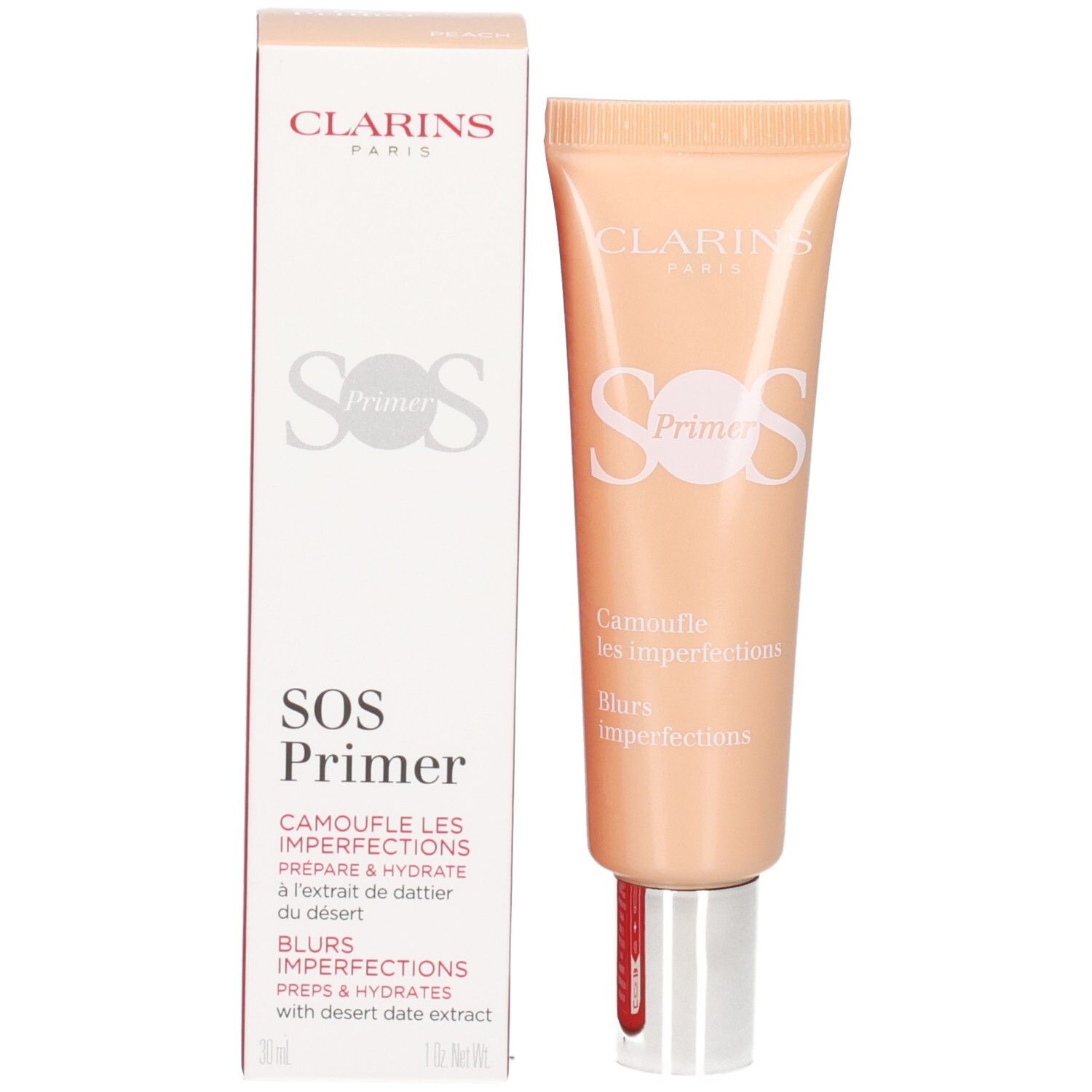 Clarins SOS Primer Peach: Tube und Umverpackung, beide mit Produktnamen und Pfirsichton.