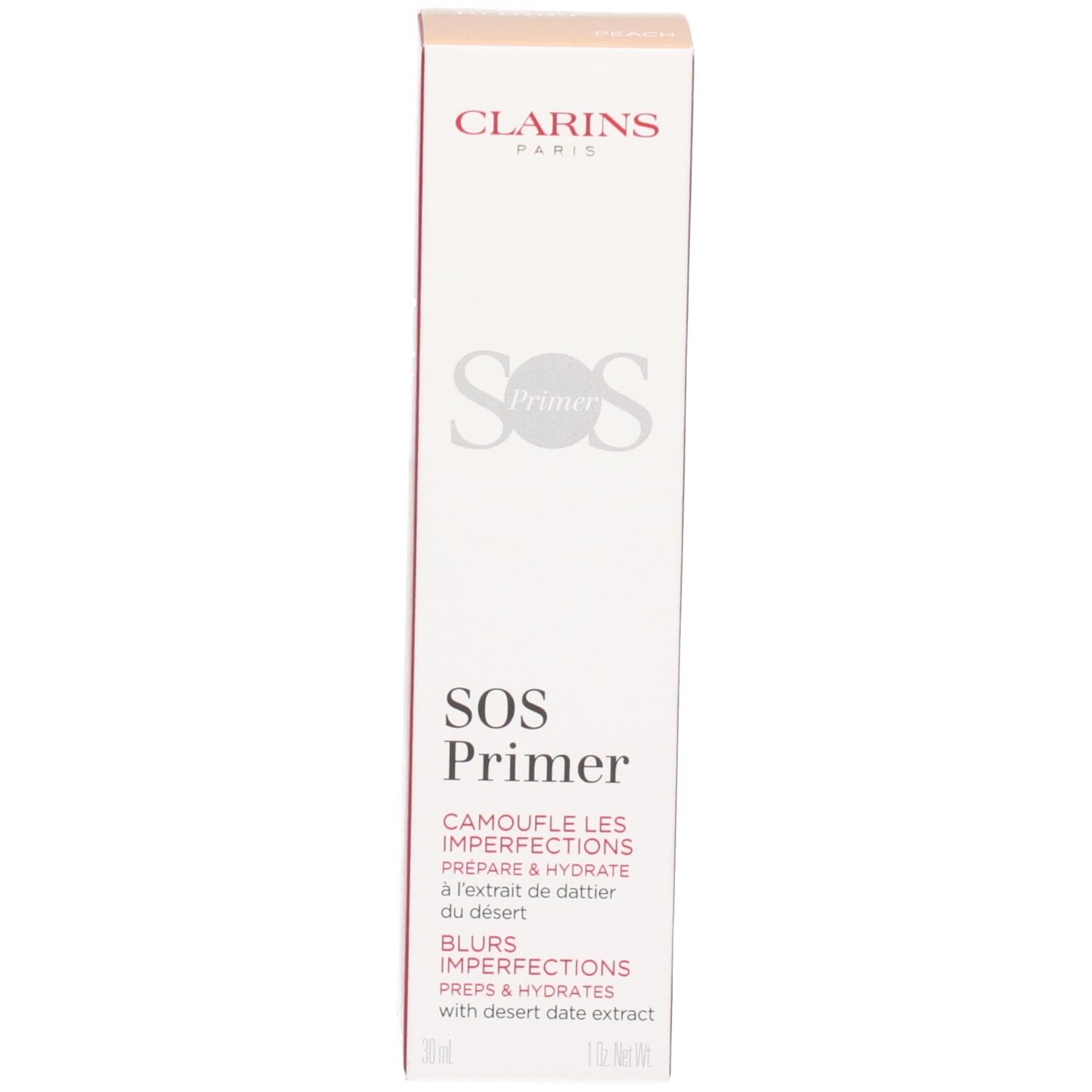 Clarins SOS Primer Peach: Umverpackung mit Produktnamen und Beschreibung auf Französisch.