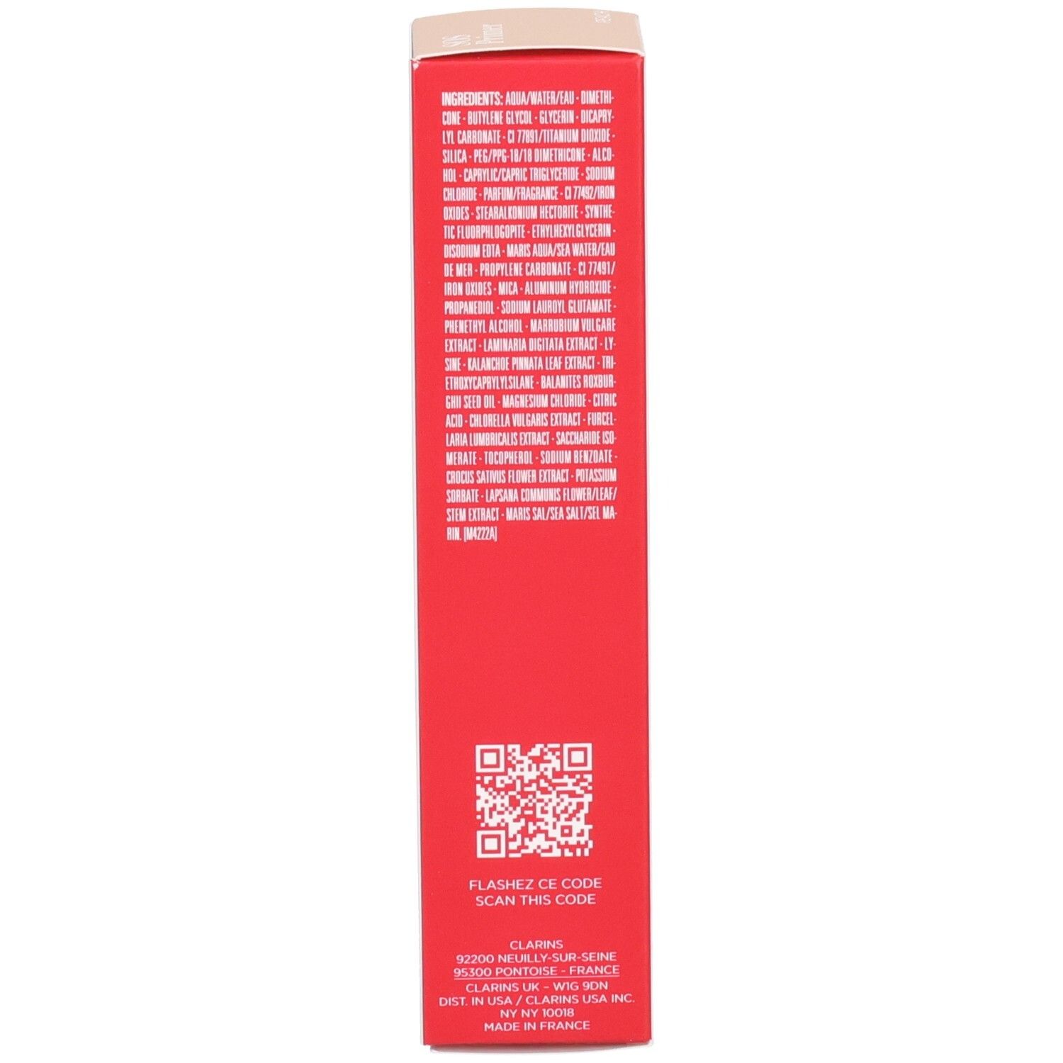 Clarins SOS Primer Peach: Rote Umverpackung mit detaillierter Inhaltsstoffliste.