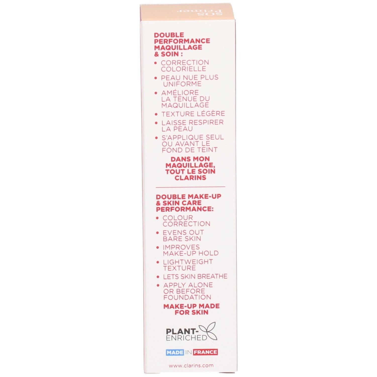 Clarins SOS Primer Peach: Seite der Umverpackung mit Produktvorteilen und 'Made in France'.