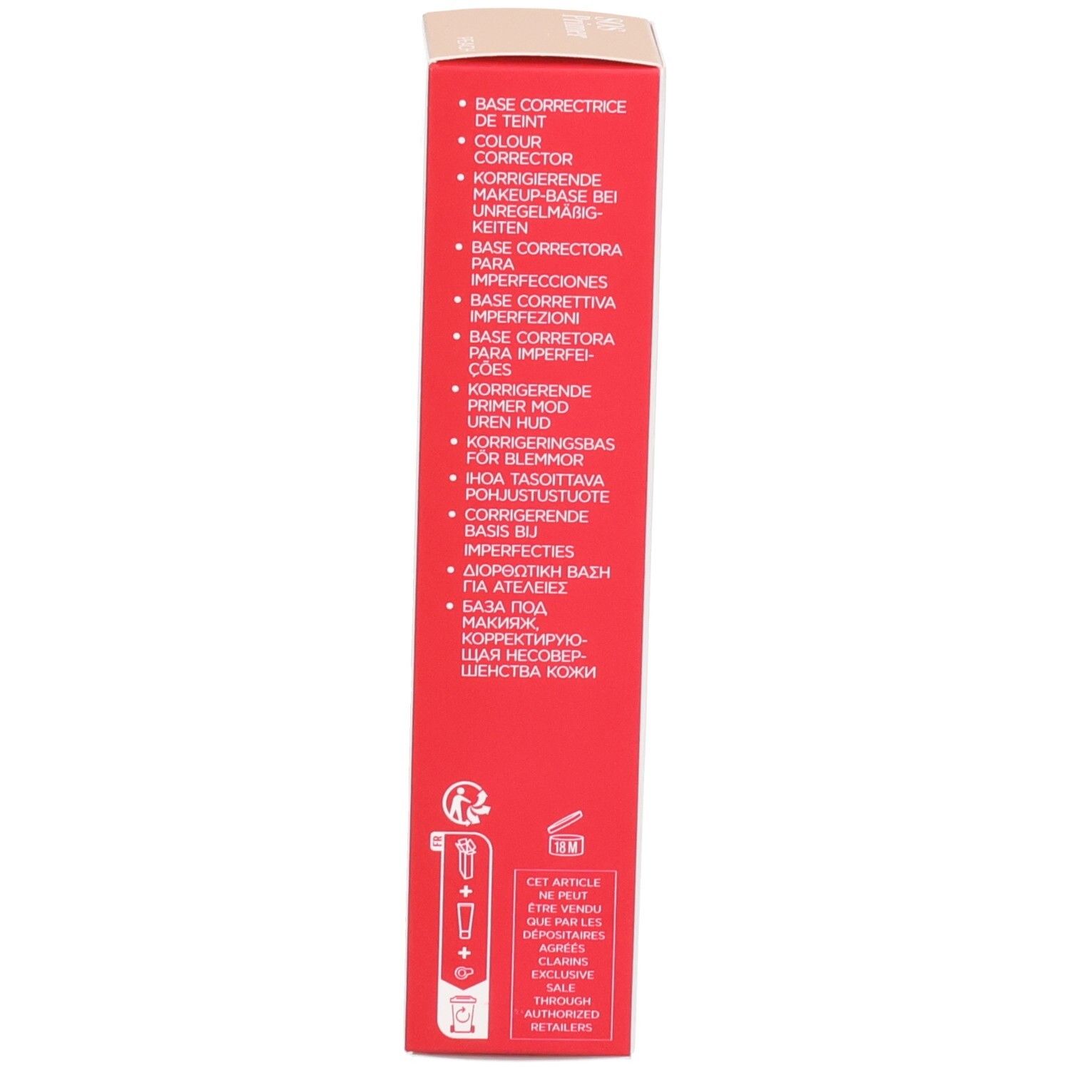 Clarins SOS Primer Peach: Rote Seite der Umverpackung mit mehrsprachigen Produktbeschreibungen.