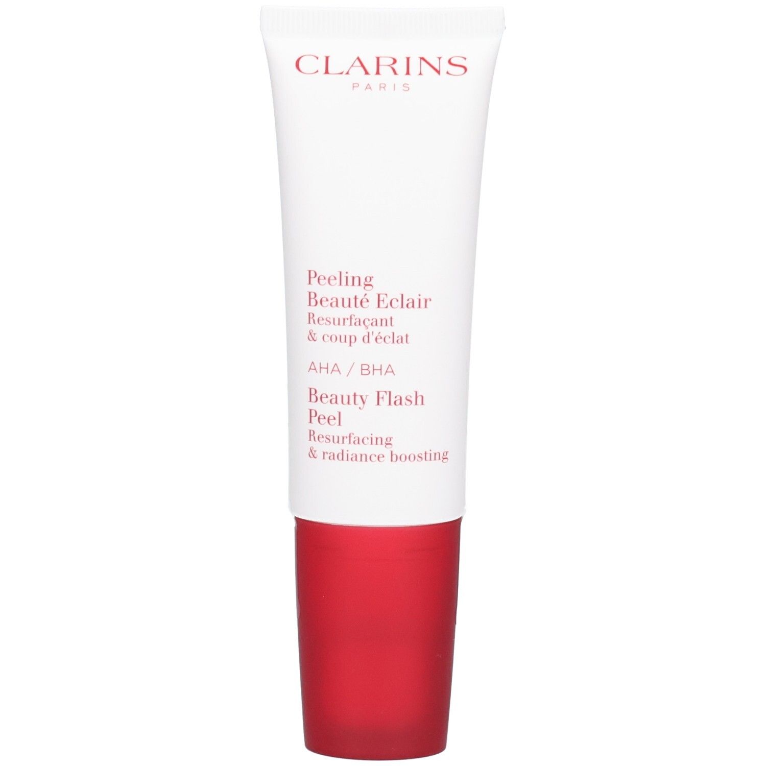 Clarins Peeling Beauté Eclair Tube mit rotem Schraubverschluss. Enthält AHA/BHA.