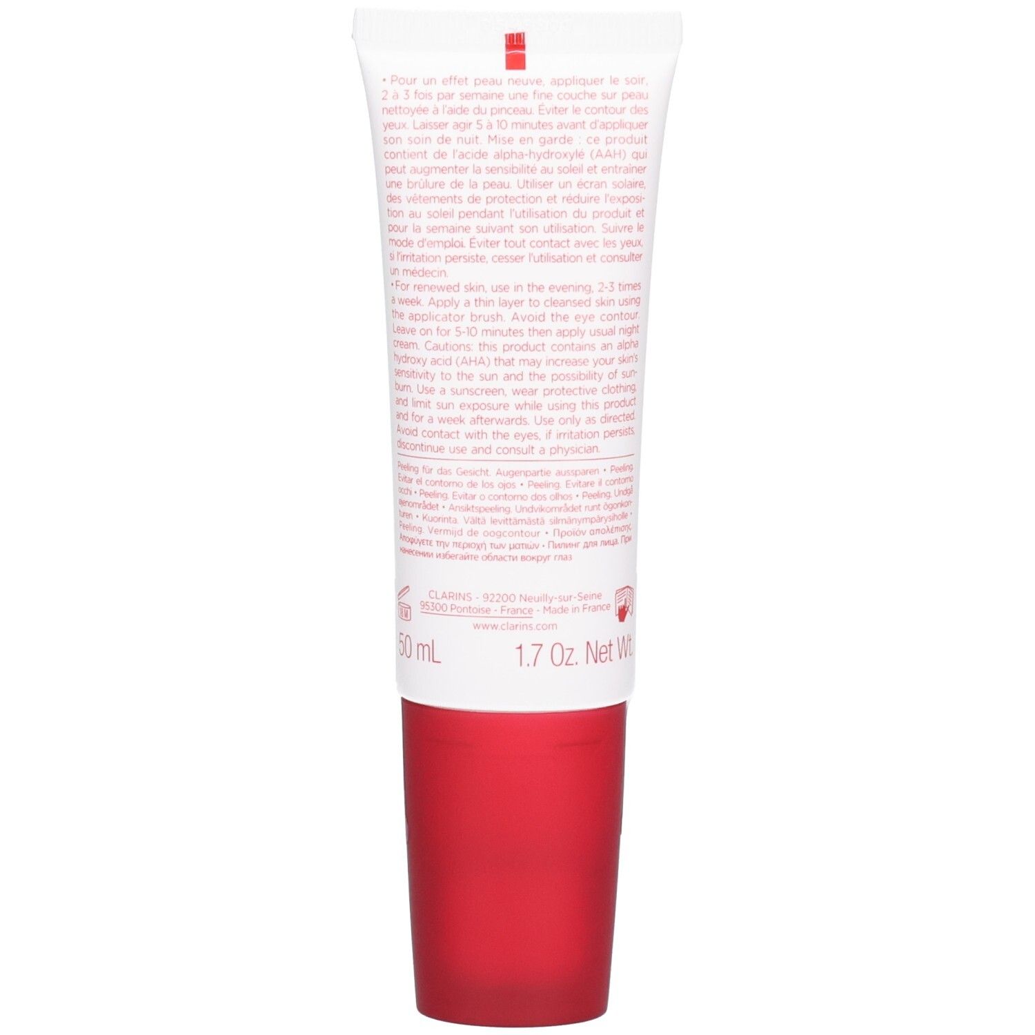 Rückseite der Clarins Peeling Beauté Eclair Tube mit Anwendungshinweisen und Inhaltsstoffen.