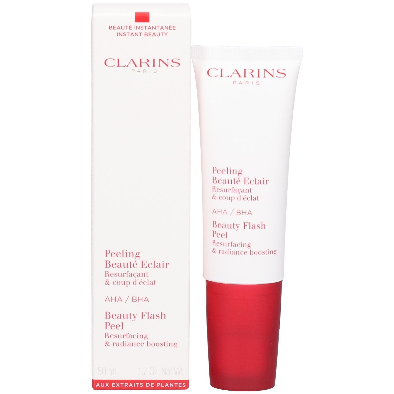 Clarins Peeling Beauté Eclair Tube und Schachtel. Enthält AHA/BHA, 50ml.