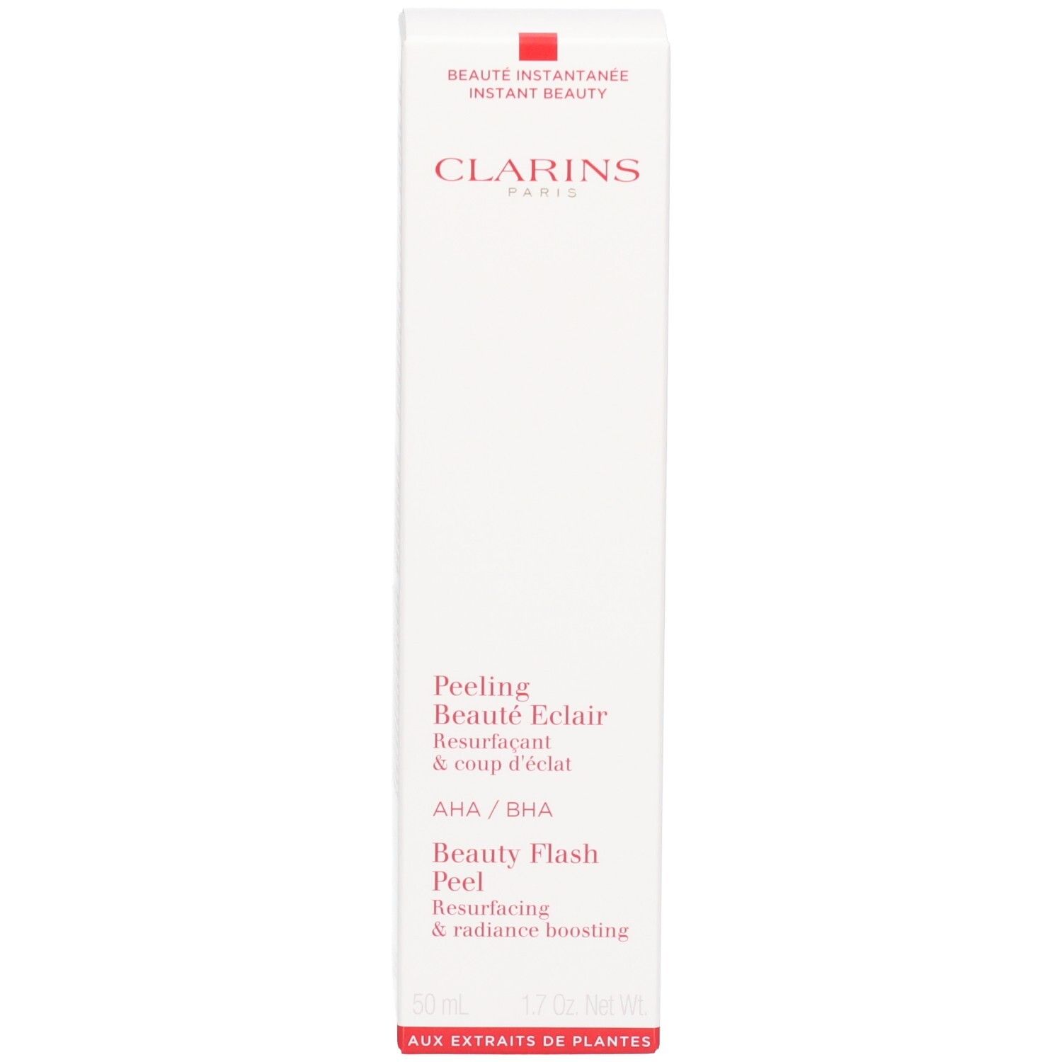 Schachtel Clarins Peeling Beauté Eclair mit rotem Akzent oben. Enthält AHA/BHA.