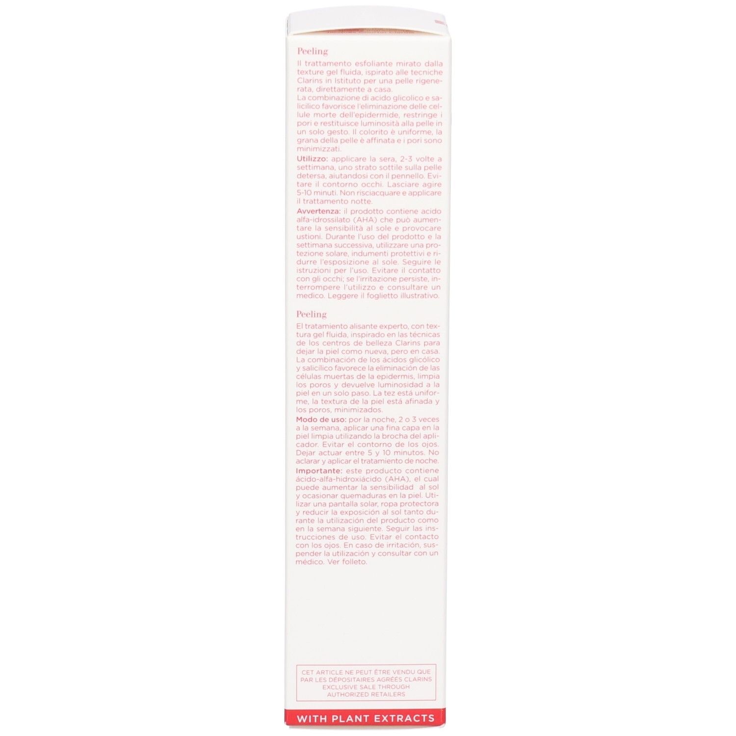 Seite der Clarins Peeling Beauté Eclair Schachtel mit detaillierten Anwendungshinweisen.
