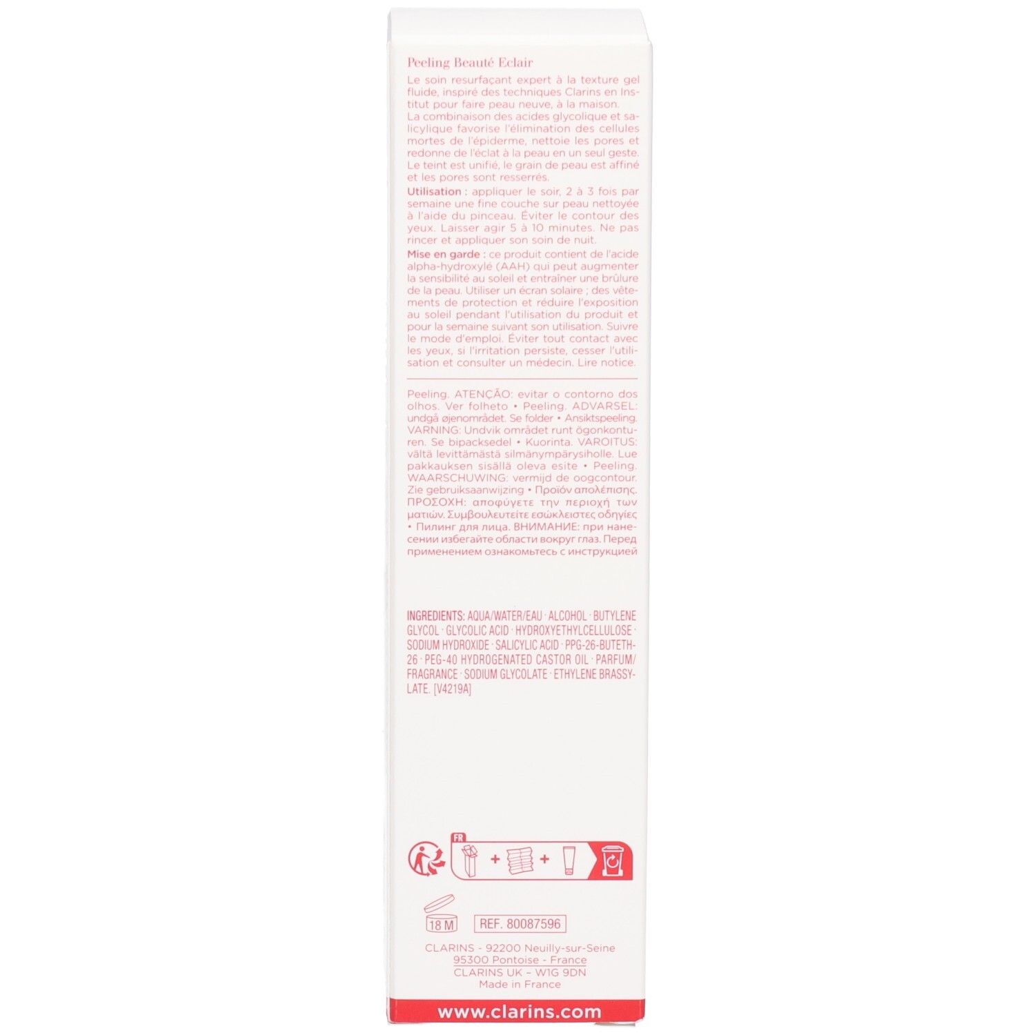 Seite der Clarins Peeling Beauté Eclair Schachtel mit Inhaltsstoffen und Herstellungsort.