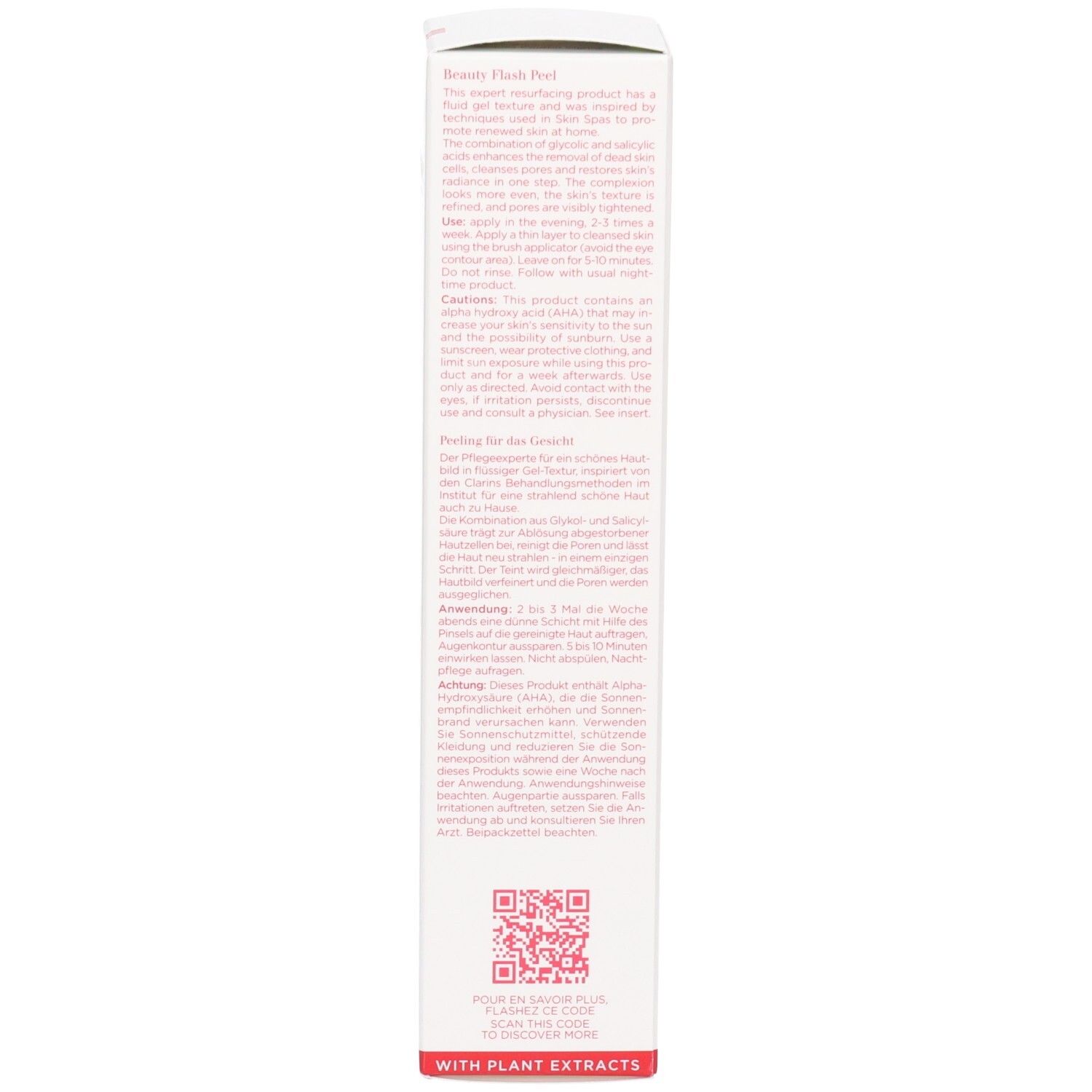 Seite der Clarins Peeling Beauté Eclair Schachtel mit Anwendungshinweisen und QR-Code.