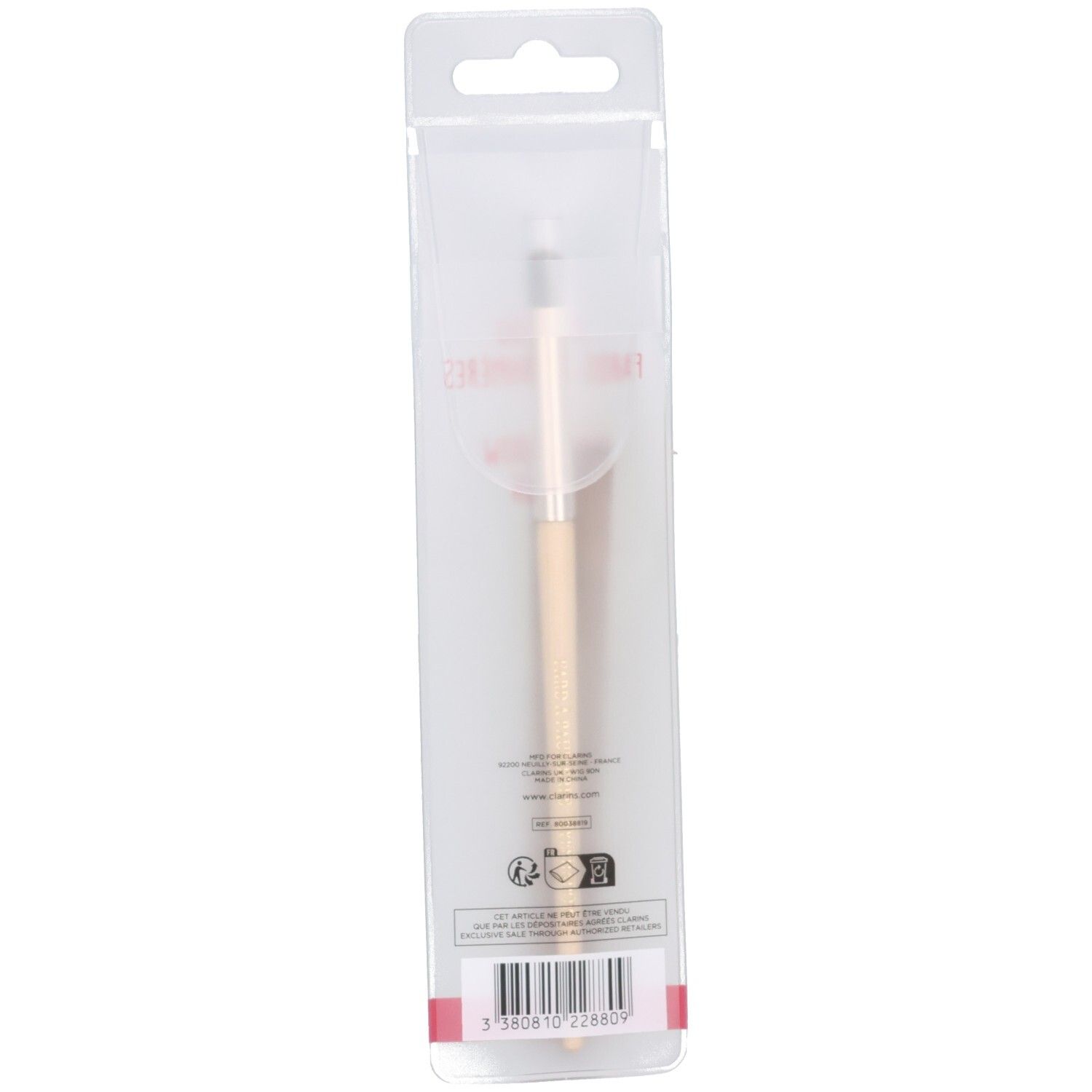 Clarins Lidschattenpinsel in transparenter Verpackung, Rückseite.