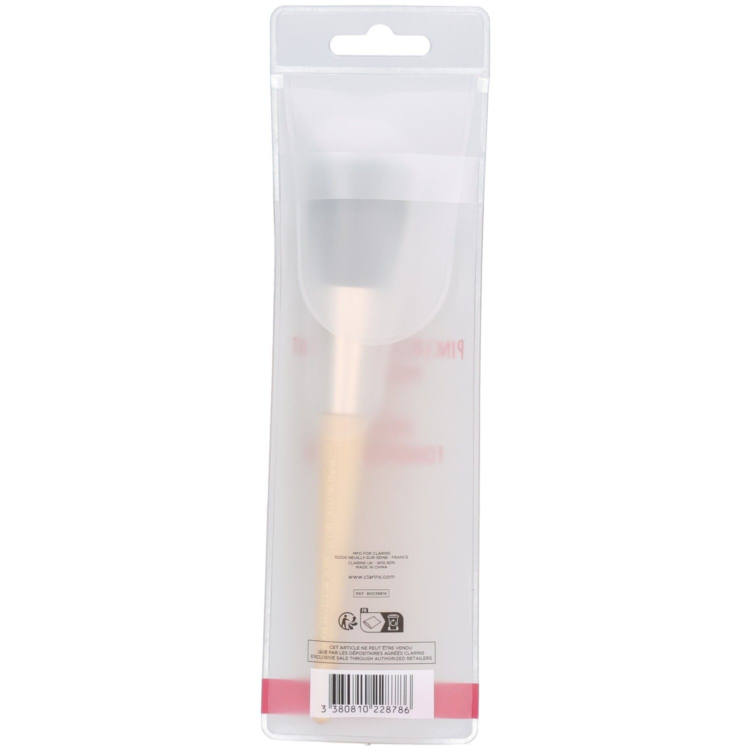 Rückseite des Clarins Pinceau Fond de Teint Multi-usage in transparenter Verpackung mit Barcode.
