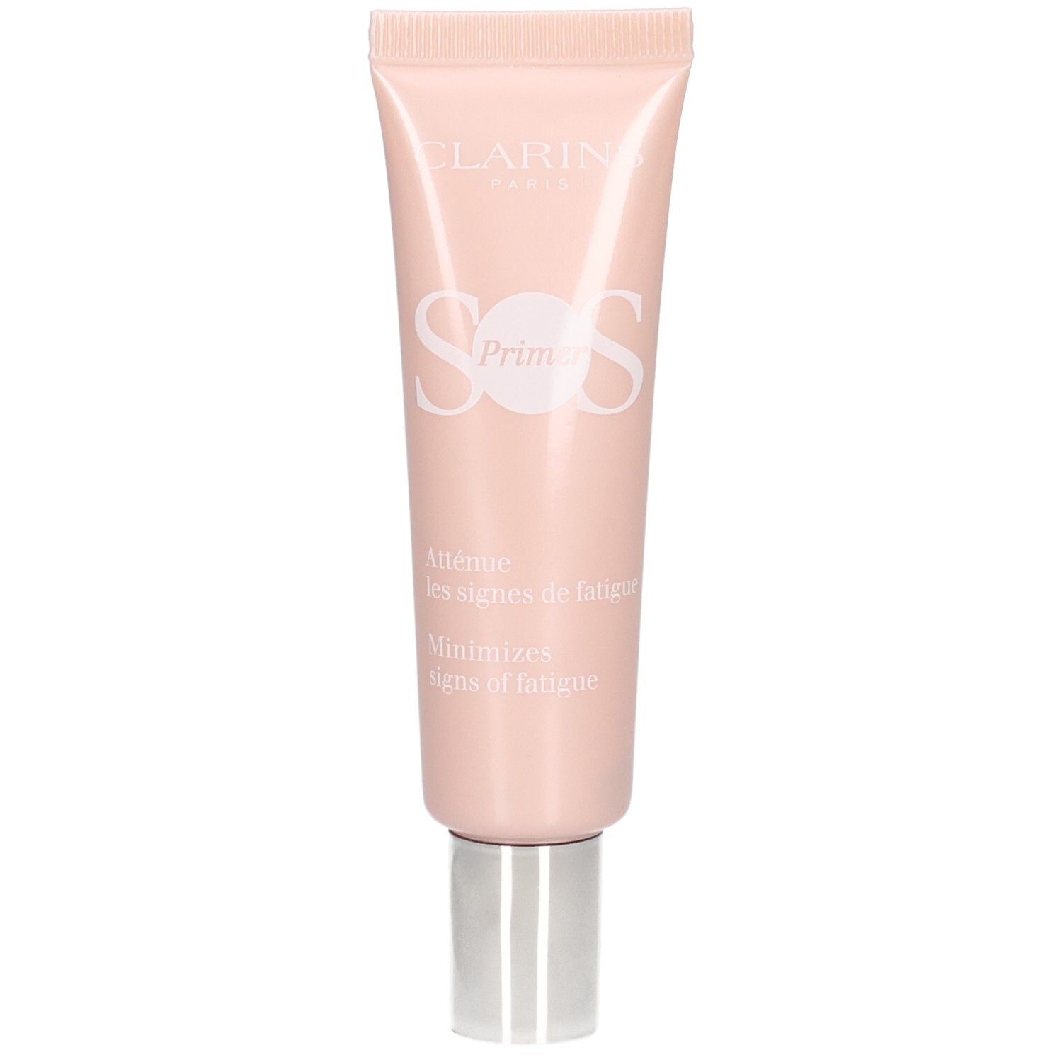 Eine rosafarbene Tube mit silbernem Verschluss, die Clarins SOS Primer Pink enthält.