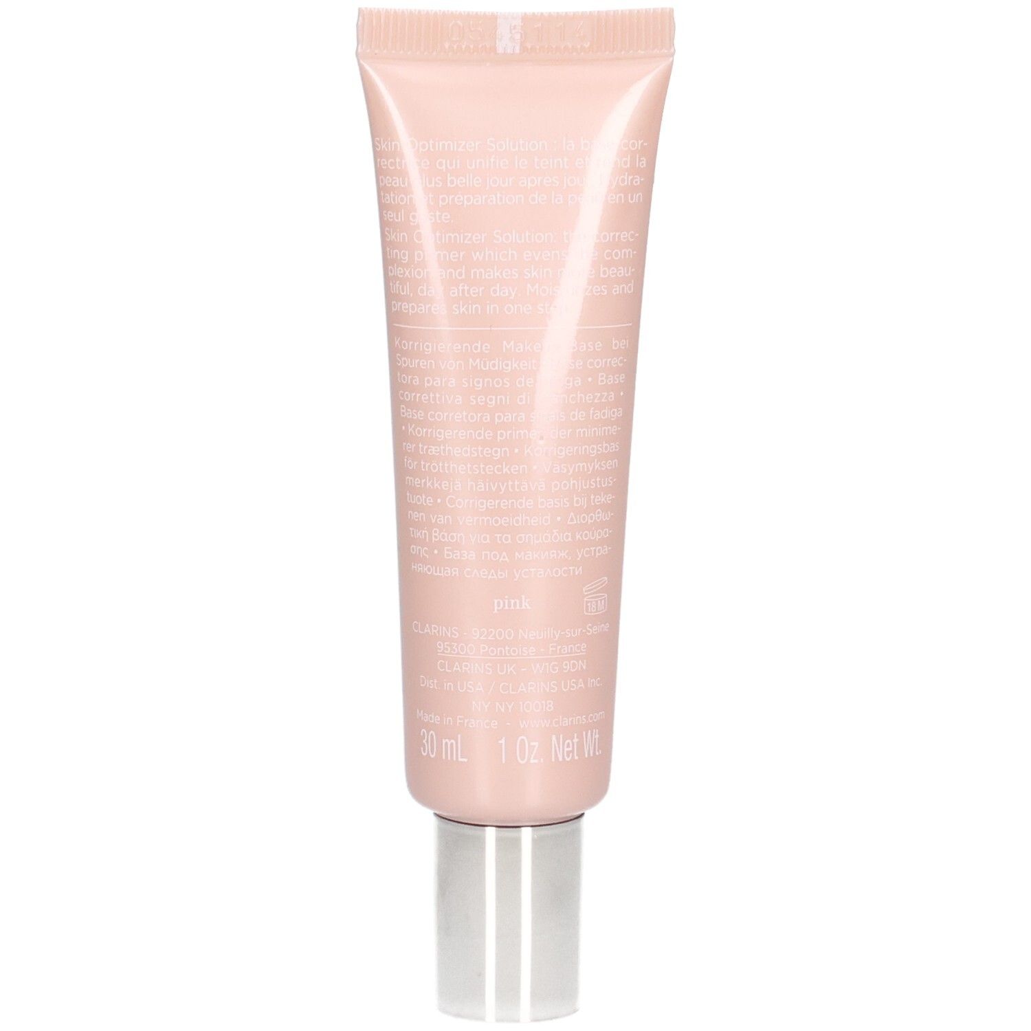 Rückseite einer rosafarbenen Tube mit Clarins SOS Primer Pink, mit Produktinformationen und 30 ml / 1 fl. Oz. Net Wt.