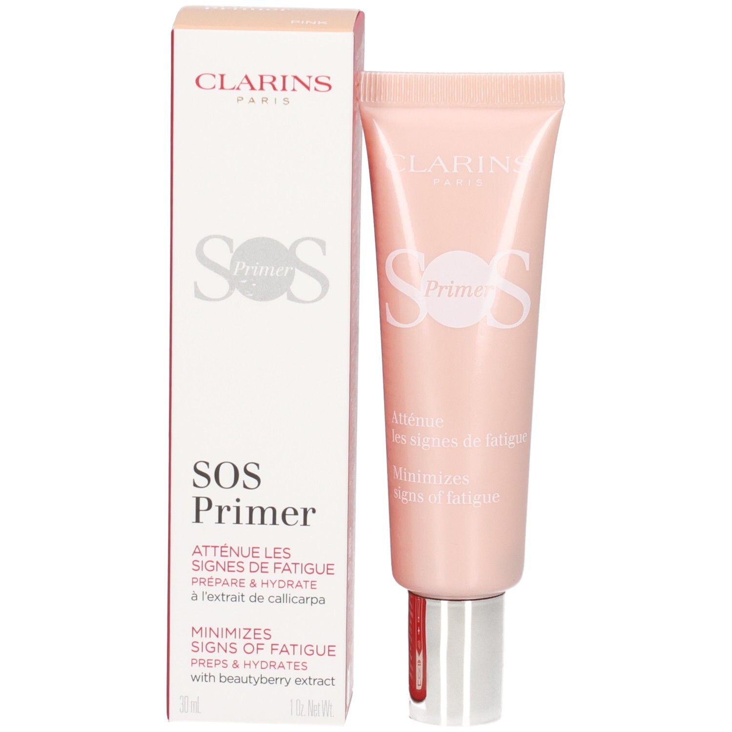 Clarins SOS Primer Pink Tube und Verpackung, mit Texten auf Französisch und Englisch.