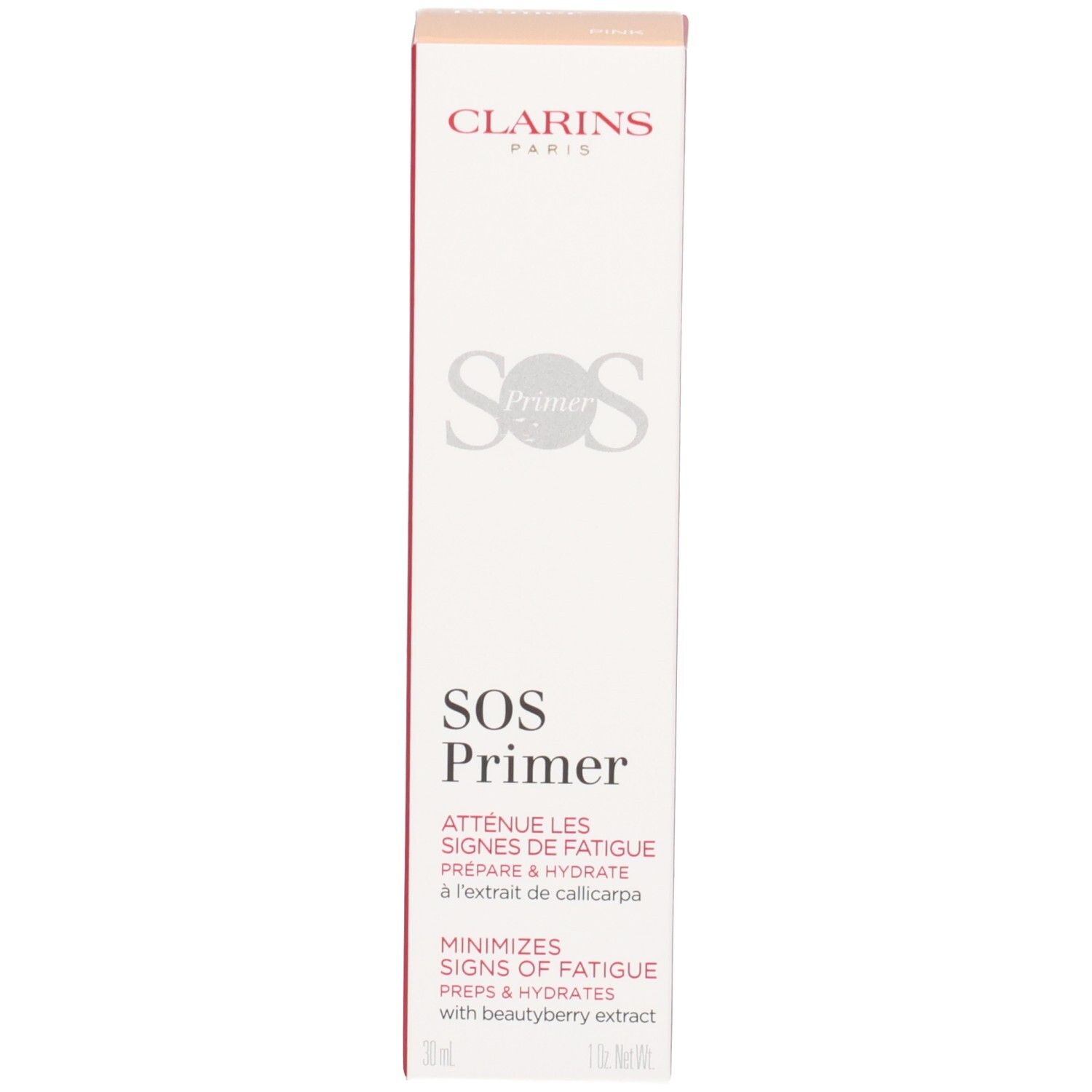 Verpackung von Clarins SOS Primer Pink mit Texten auf Französisch und Englisch.