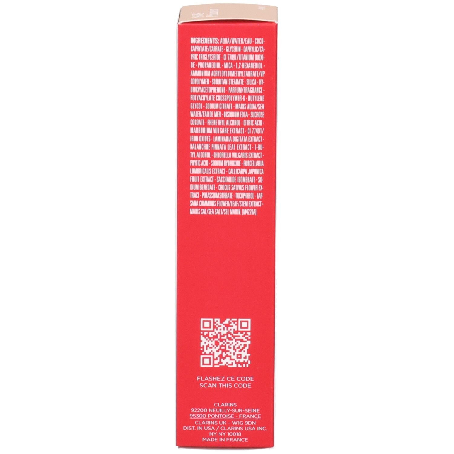 Seite der Clarins SOS Primer Pink Verpackung mit Inhaltsstoffen und QR-Code.