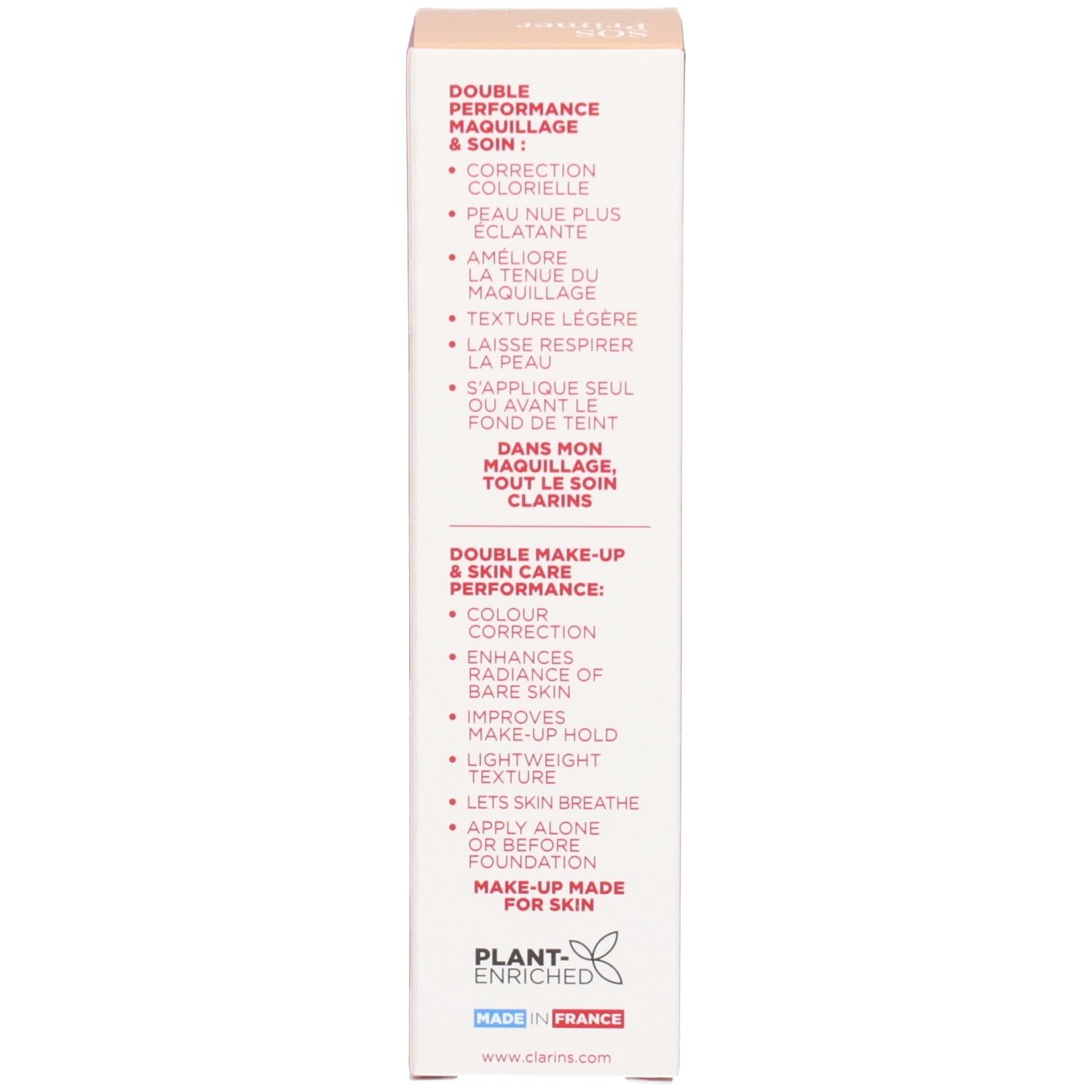 Seite der Clarins SOS Primer Pink Verpackung mit Produktvorteilen auf Englisch und Französisch.