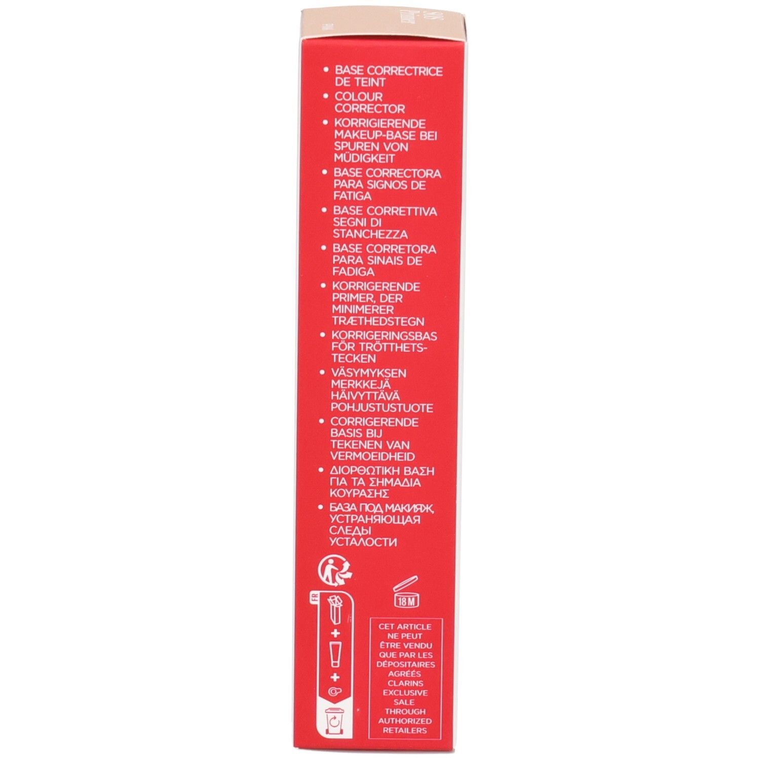 Seite der Clarins SOS Primer Pink Verpackung mit Produktvorteilen in mehreren Sprachen.