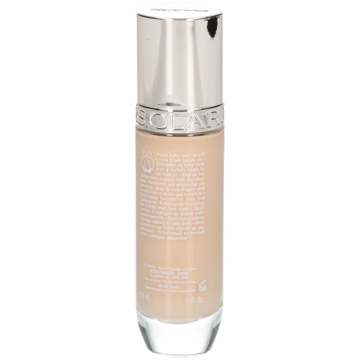 Clarins Skin Illusion Full Coverage Foundation in Flakons, Rückseite mit Informationen.