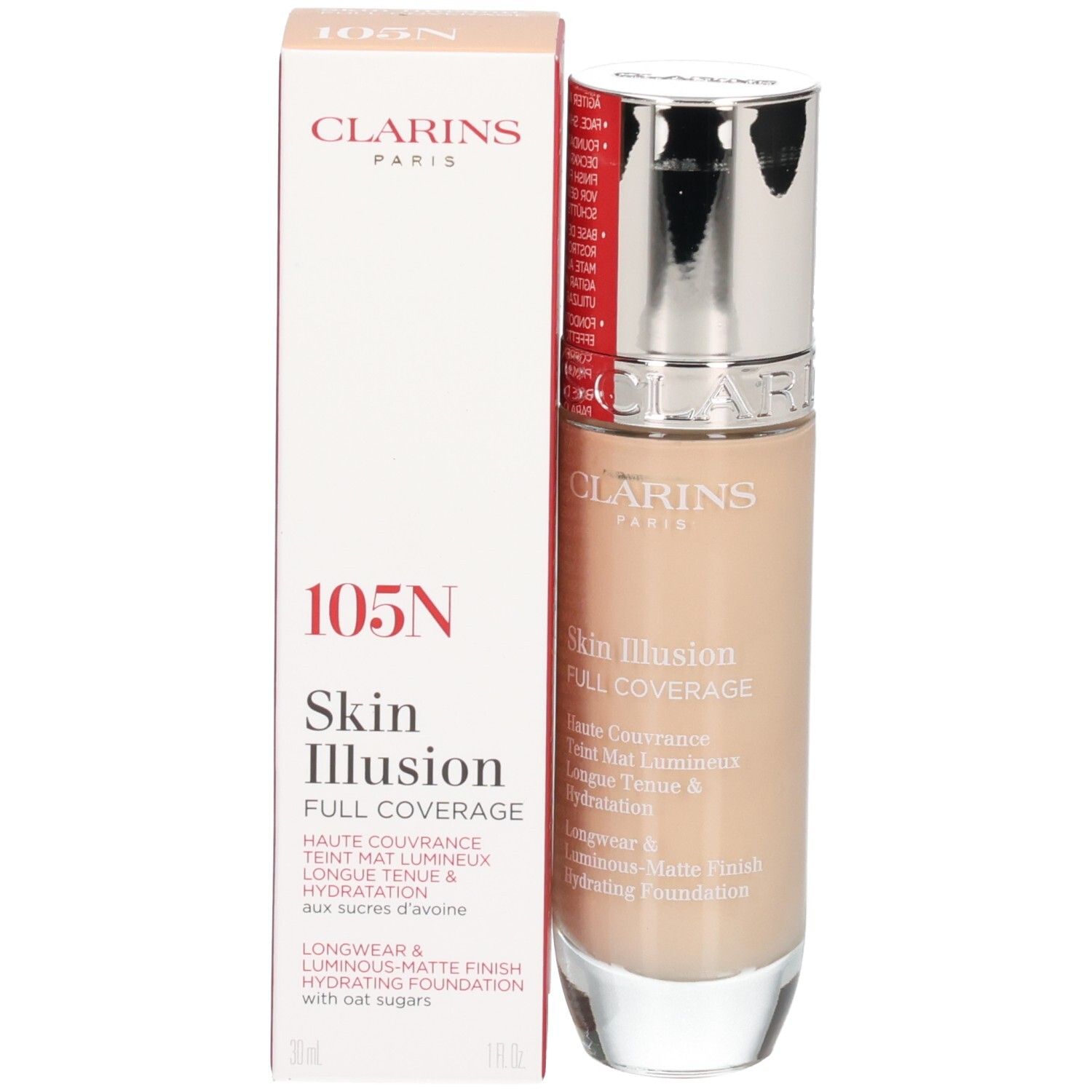 Clarins Skin Illusion Full Coverage Foundation 105N und Umverpackung.