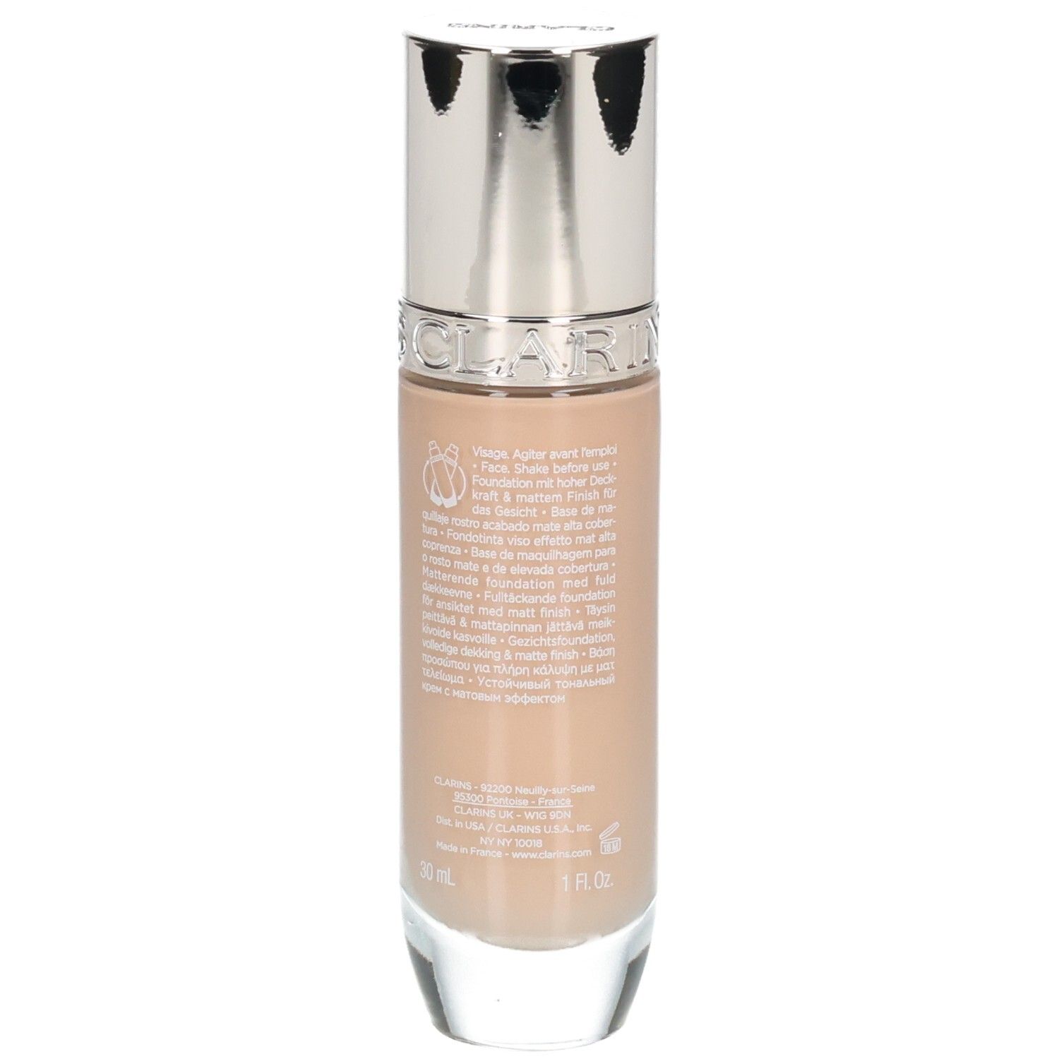 Rückseite der Clarins Skin Illusion Full Coverage Foundation Flasche, Farbton 107C.