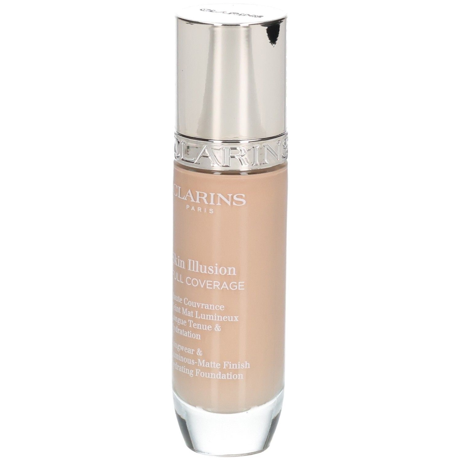 Clarins Skin Illusion Full Coverage Foundation in Flasche, Farbton 107C, Vorderansicht.