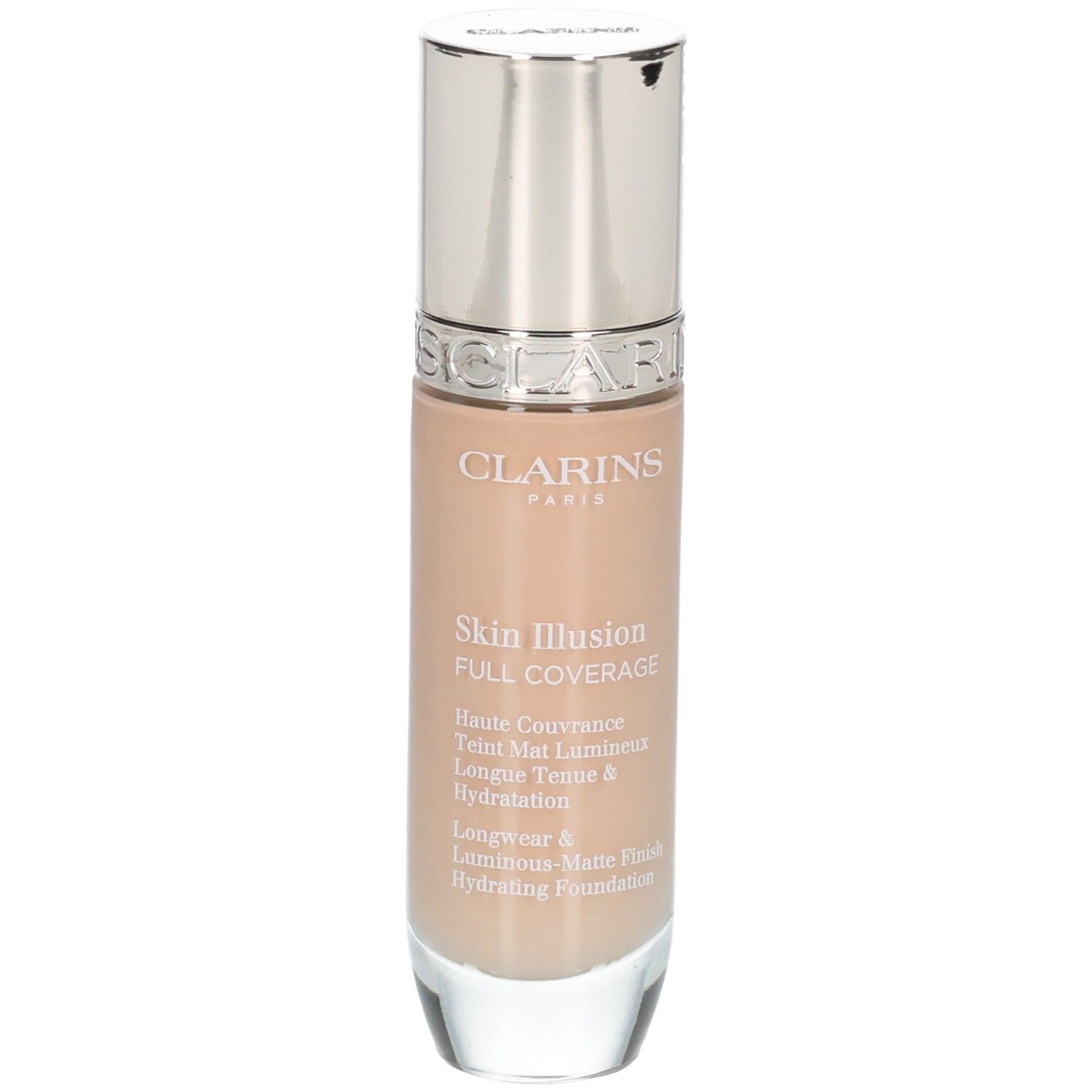 Clarins Skin Illusion Full Coverage Foundation, Flasche mit silbernem Verschluss, Farbton 107C.