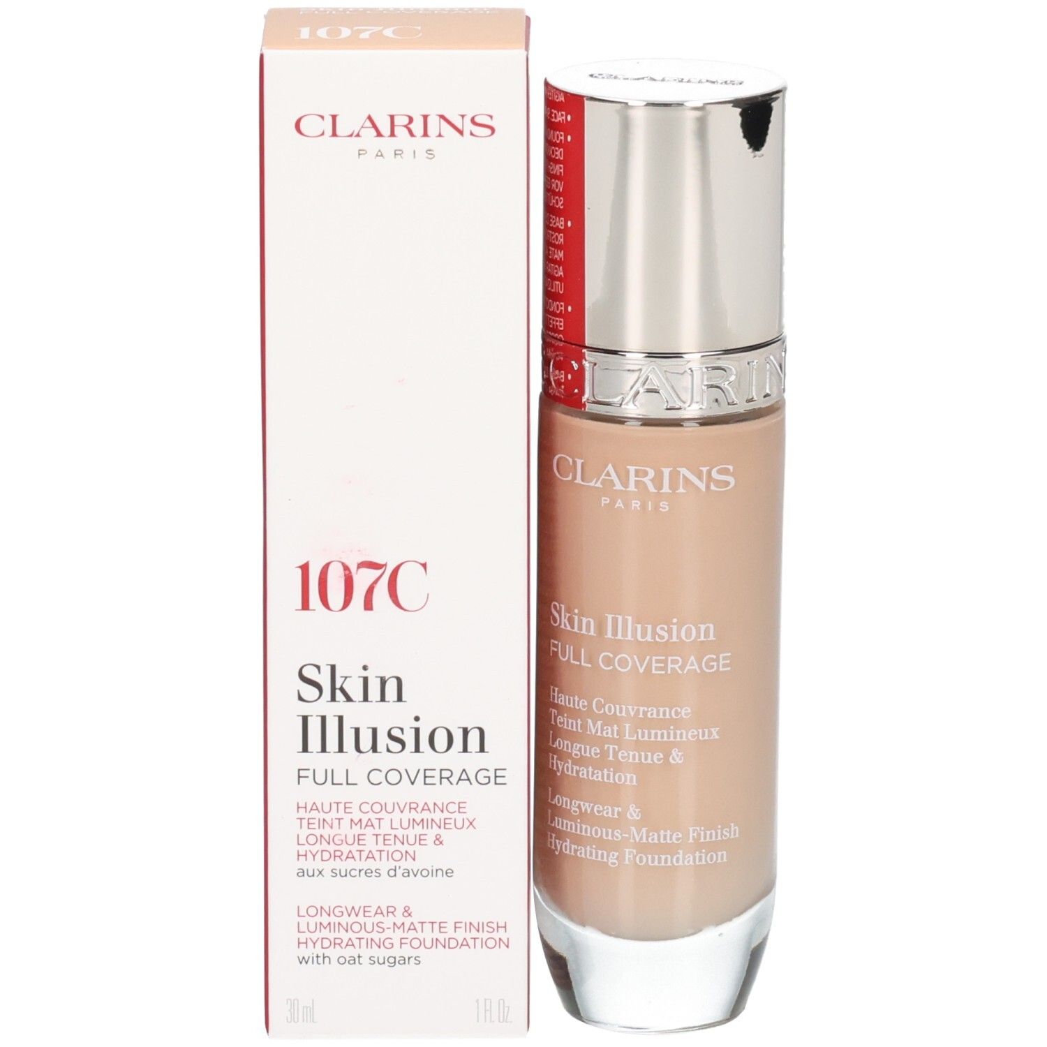 Clarins Skin Illusion Full Coverage Foundation 107C mit Verpackung.