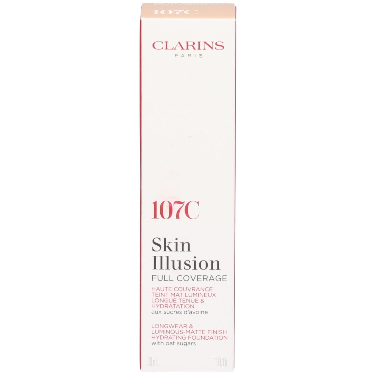 Verpackung der Clarins Skin Illusion Full Coverage Foundation, Farbton 107C.