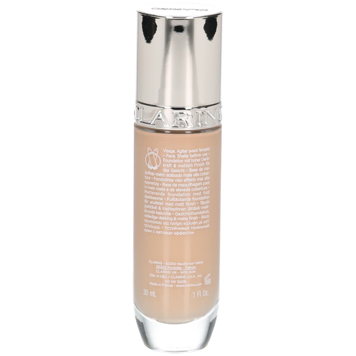 Clarins Skin Illusion Full Coverage Foundation, Rückseite der Flasche mit Text, Farbton 108.3N.