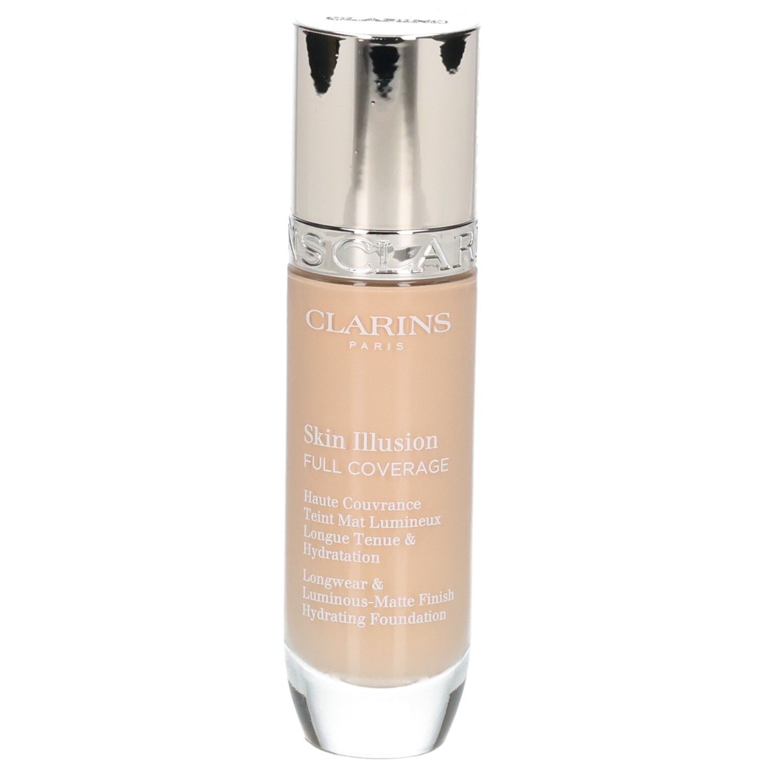 Clarins Skin Illusion Full Coverage Foundation in Glasflasche mit silbernem Deckel.