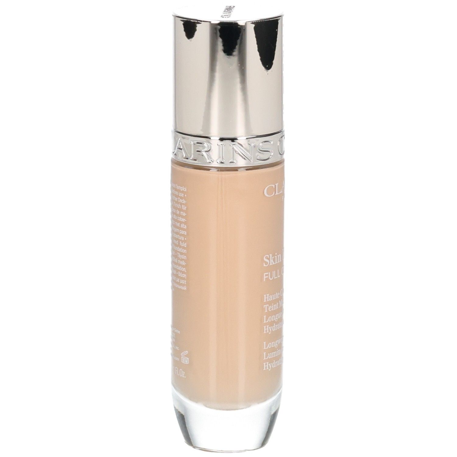 Clarins Skin Illusion Full Coverage Foundation, Seitenansicht der Glasflasche mit silbernem Deckel.