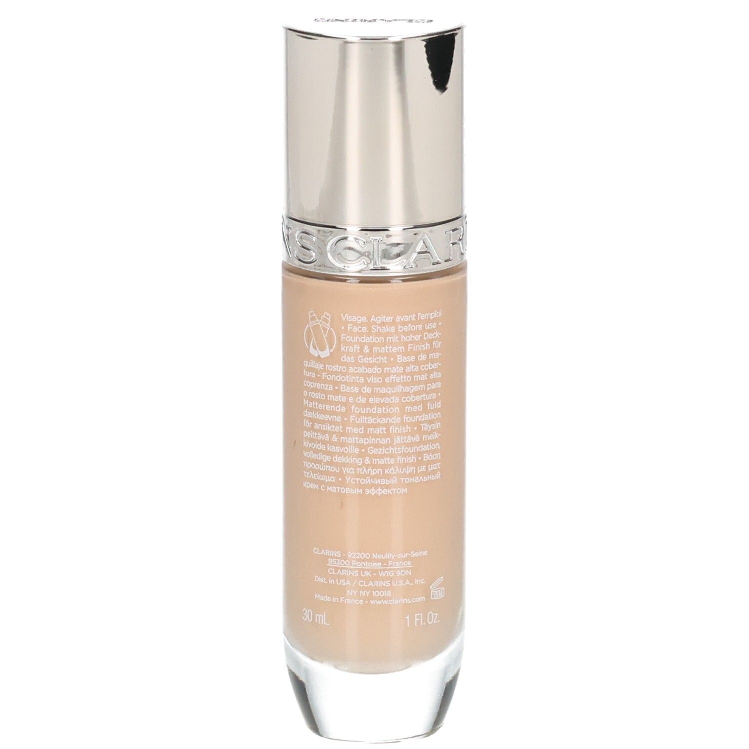 Clarins Skin Illusion Full Coverage Foundation, Rückseite der Glasflasche mit Produktinformationen.