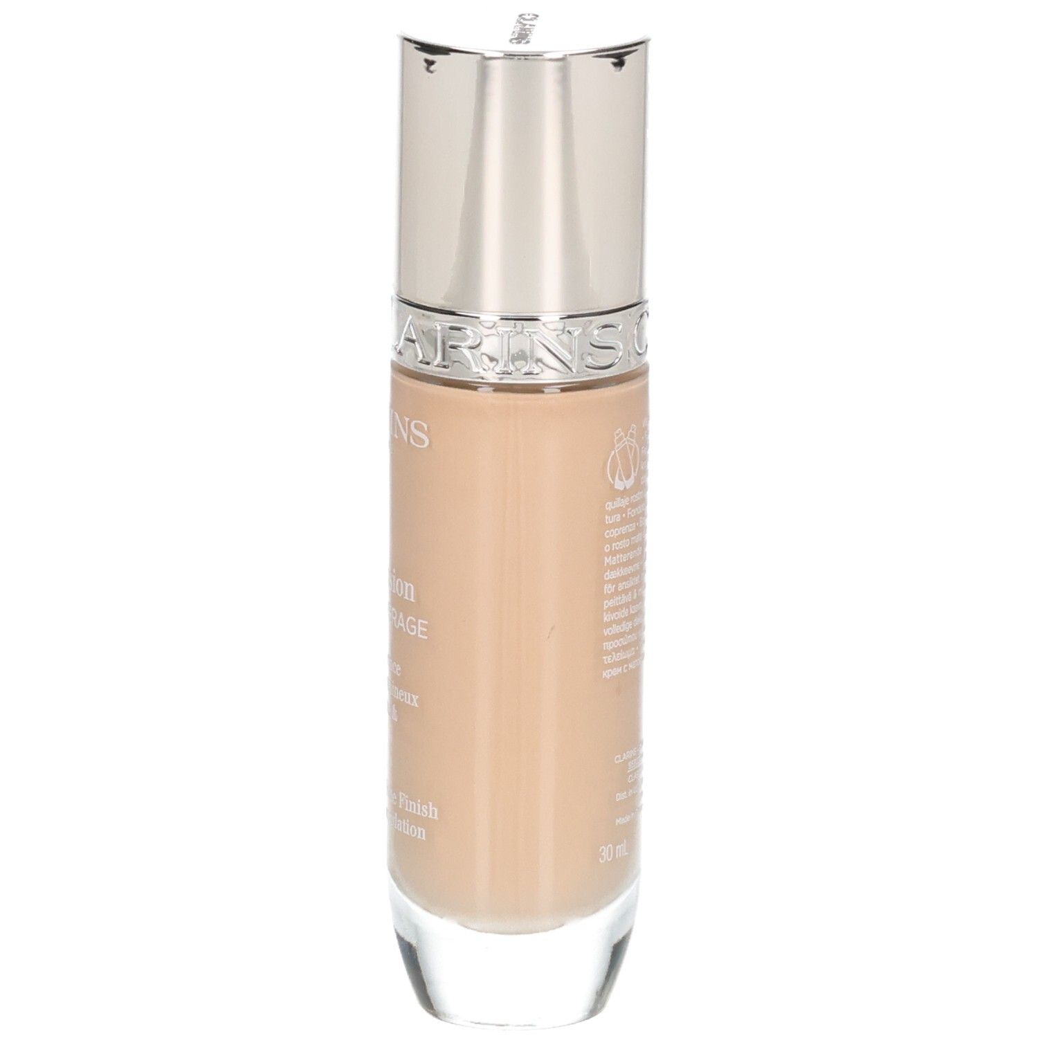 Clarins Skin Illusion Full Coverage Foundation, Seitenansicht der Glasflasche mit silbernem Deckel.