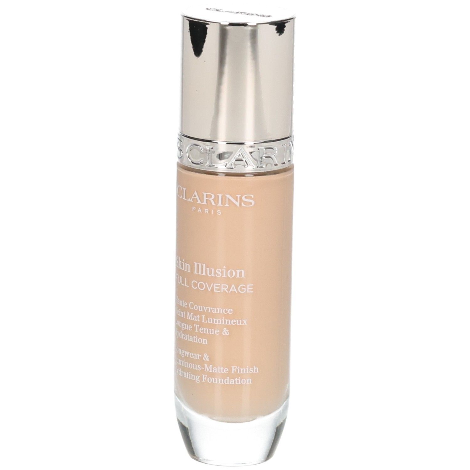 Clarins Skin Illusion Full Coverage Foundation in Glasflasche mit silbernem Deckel.