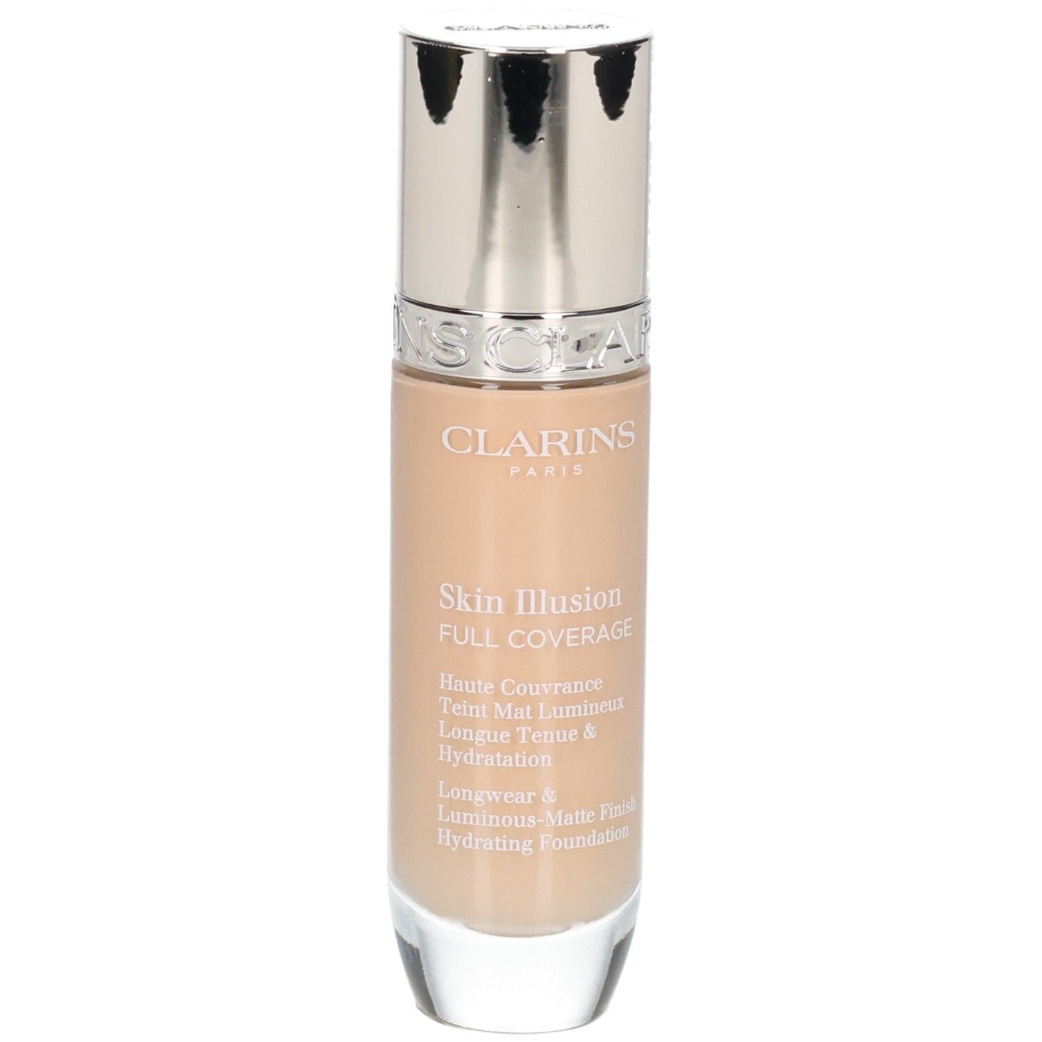 Clarins Skin Illusion Full Coverage Foundation in Glasflasche mit silbernem Deckel.