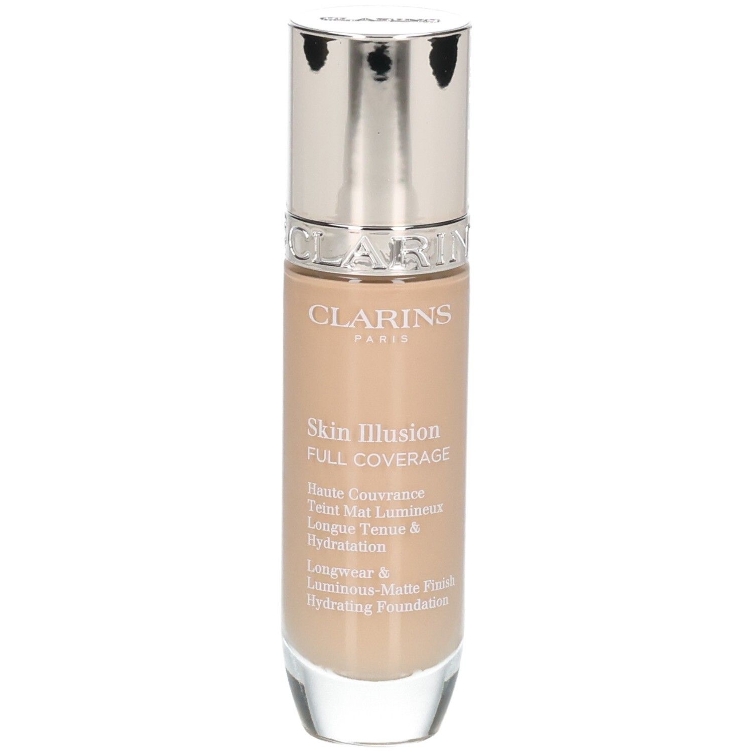 Clarins Skin Illusion Full Coverage Foundation in Glasflasche mit Pumpspender.