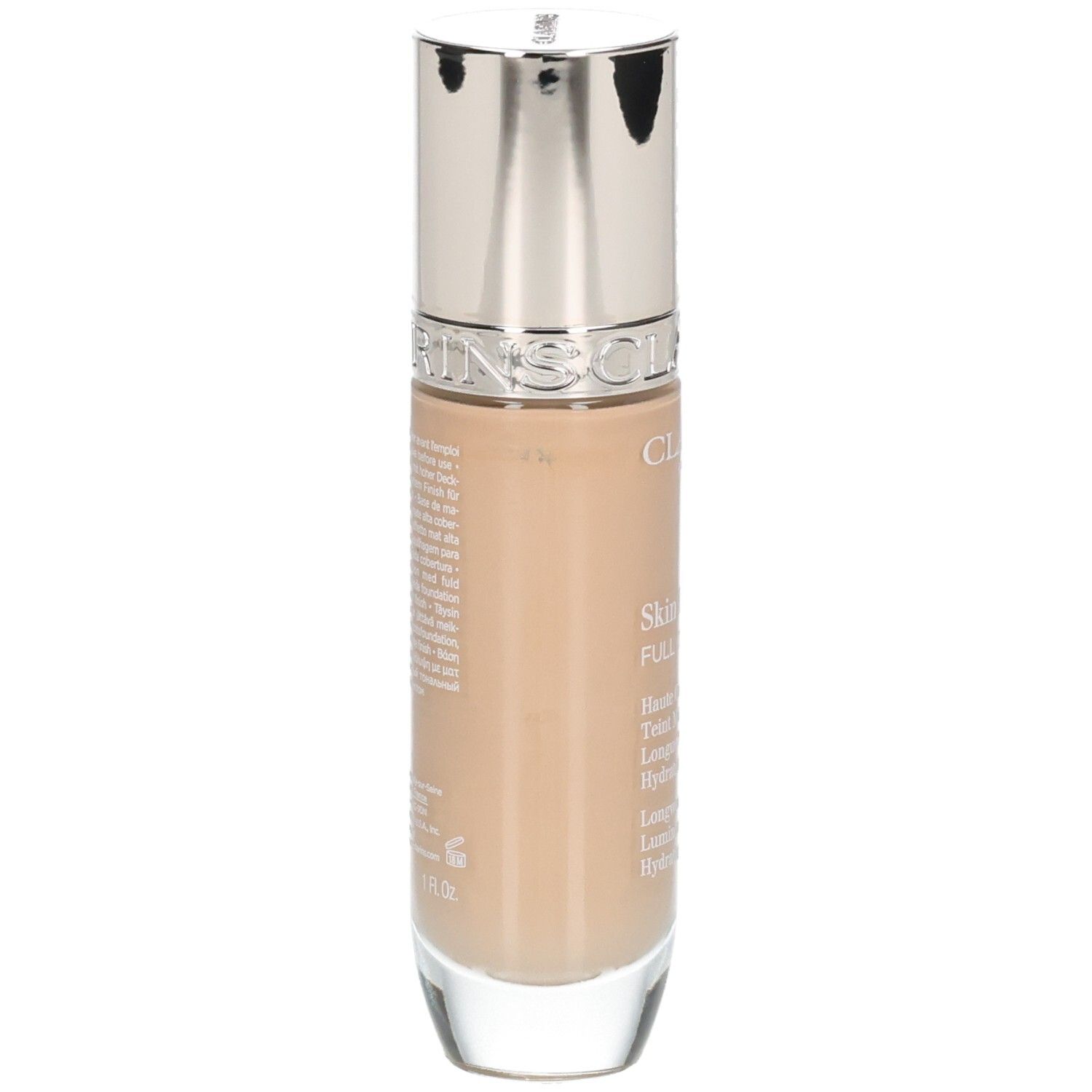 Clarins Skin Illusion Full Coverage Foundation, Rückseite der Glasflasche mit Pumpspender.