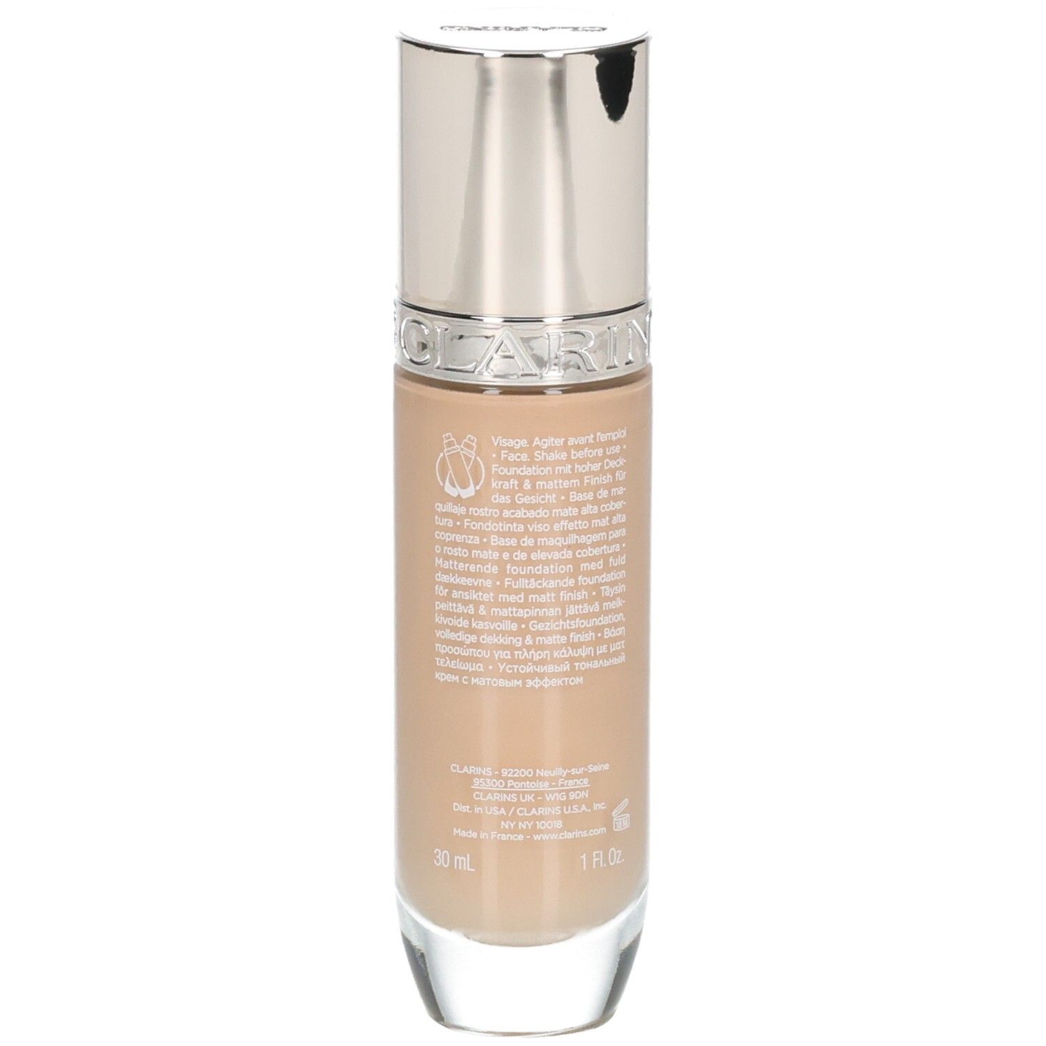 Clarins Skin Illusion Full Coverage Foundation, Glasflasche mit Pumpspender und Karton.
