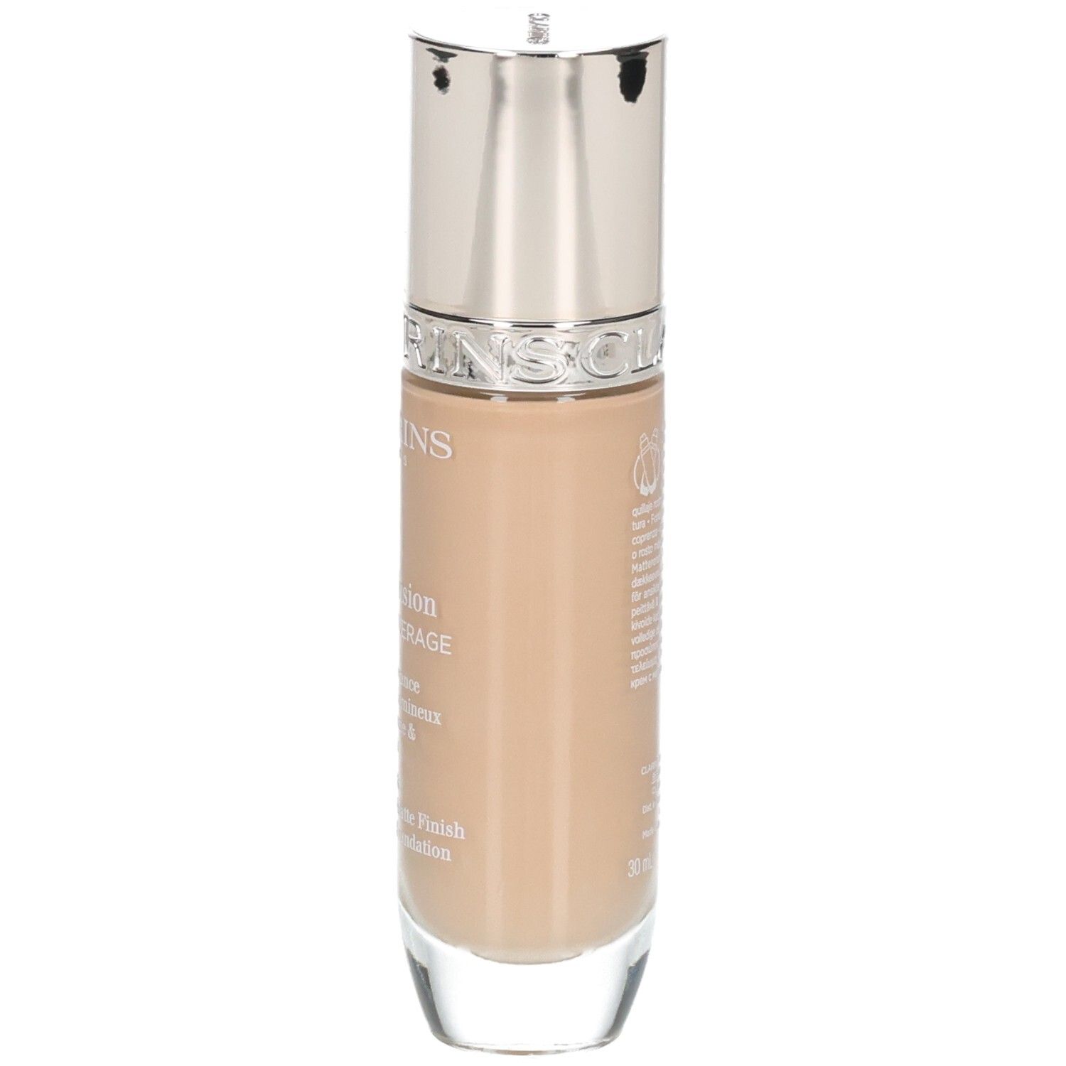 Clarins Skin Illusion Full Coverage Foundation, Seitenansicht der Glasflasche mit Pumpspender.