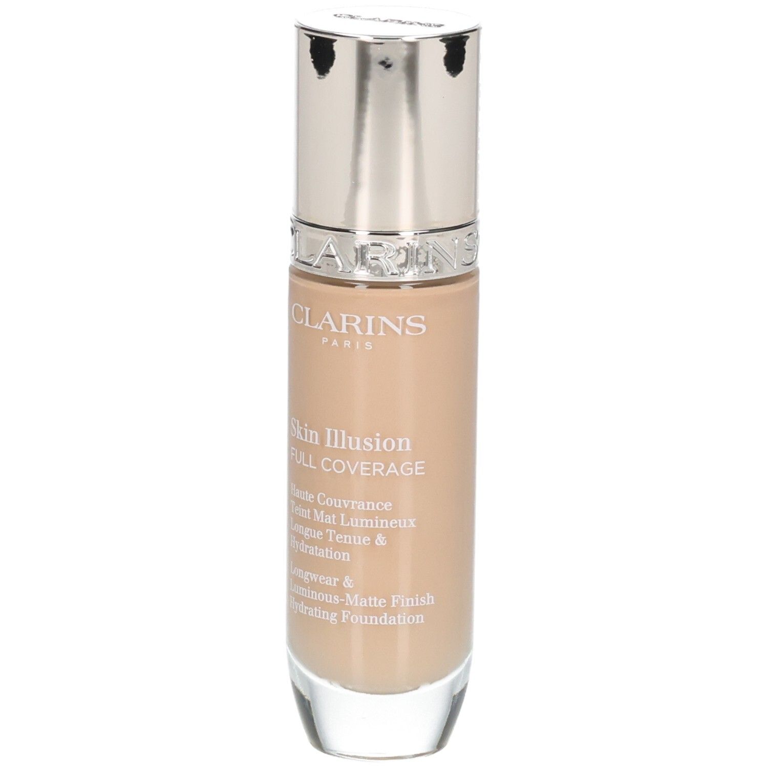 Clarins Skin Illusion Full Coverage Foundation in Glasflasche mit Pumpspender, Vorderansicht.