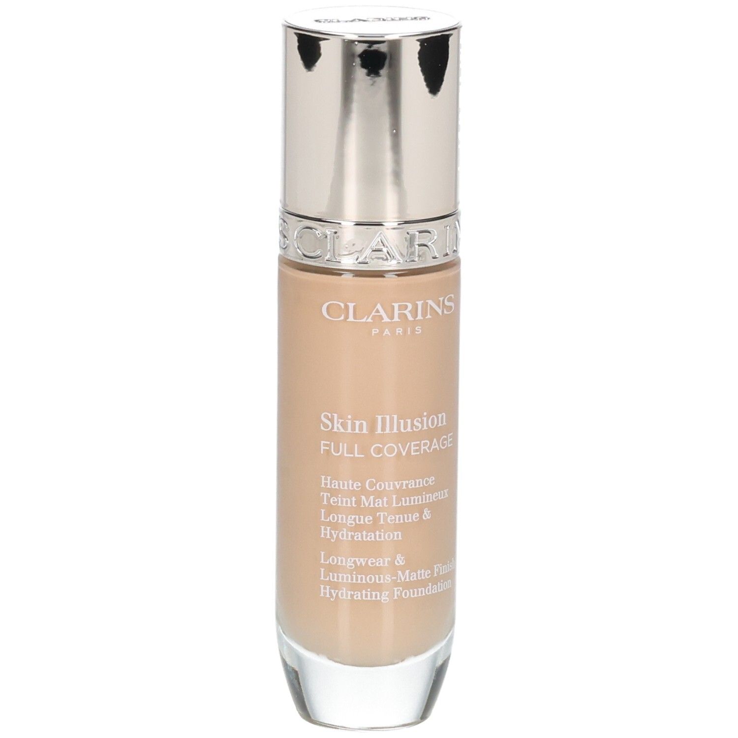 Clarins Skin Illusion Full Coverage Foundation, Glasflasche mit Pumpspender, leichte Neigung.